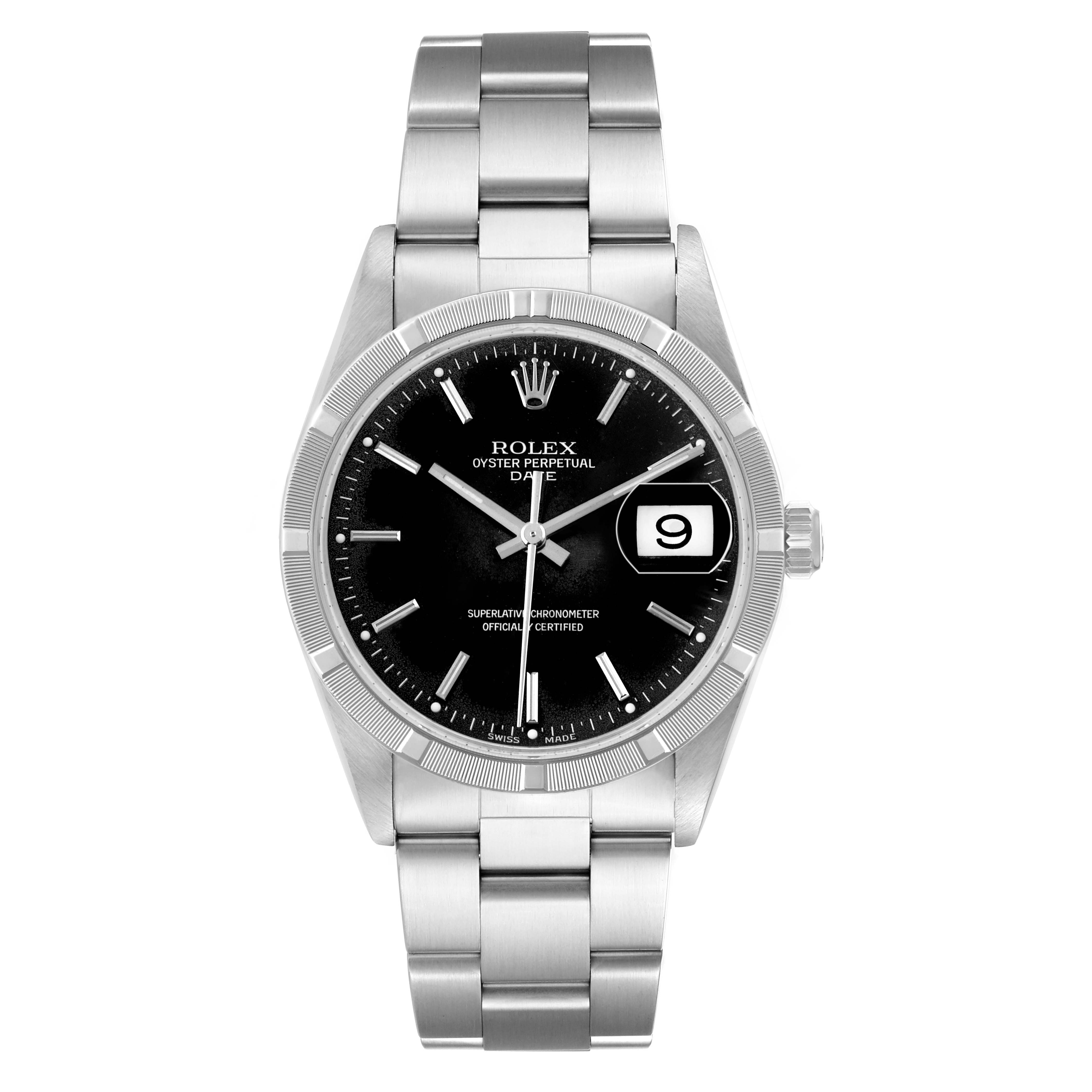The Rolex Date 15210 Men's Stainless Steel Black Dial model is shown from the front, displaying the dial, bracelet, and the date window at 3 o'clock.