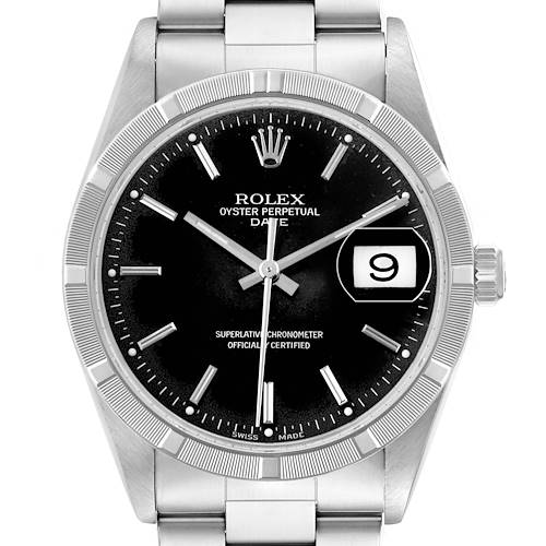 Photo of Rolex Date Steel Black Dial Engine Turned Bezel Mens Watch 15210