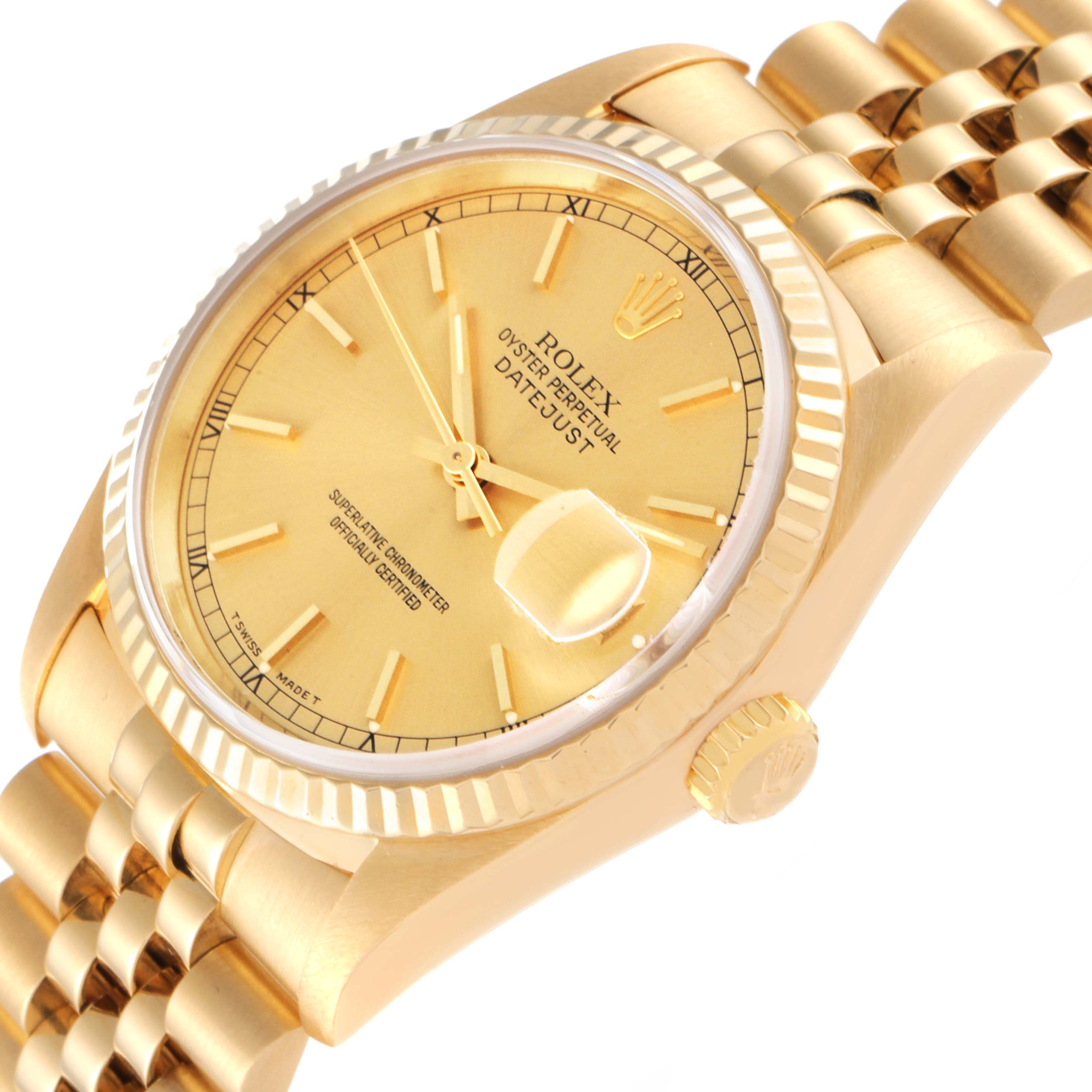 The Rolex President 16238 Men's Yellow Gold Champagne Dial 16238 Men's Yellow Gold Champagne Dial model is shown at an oblique angle, displaying the dial, bezel, crown, and part of the bracelet.