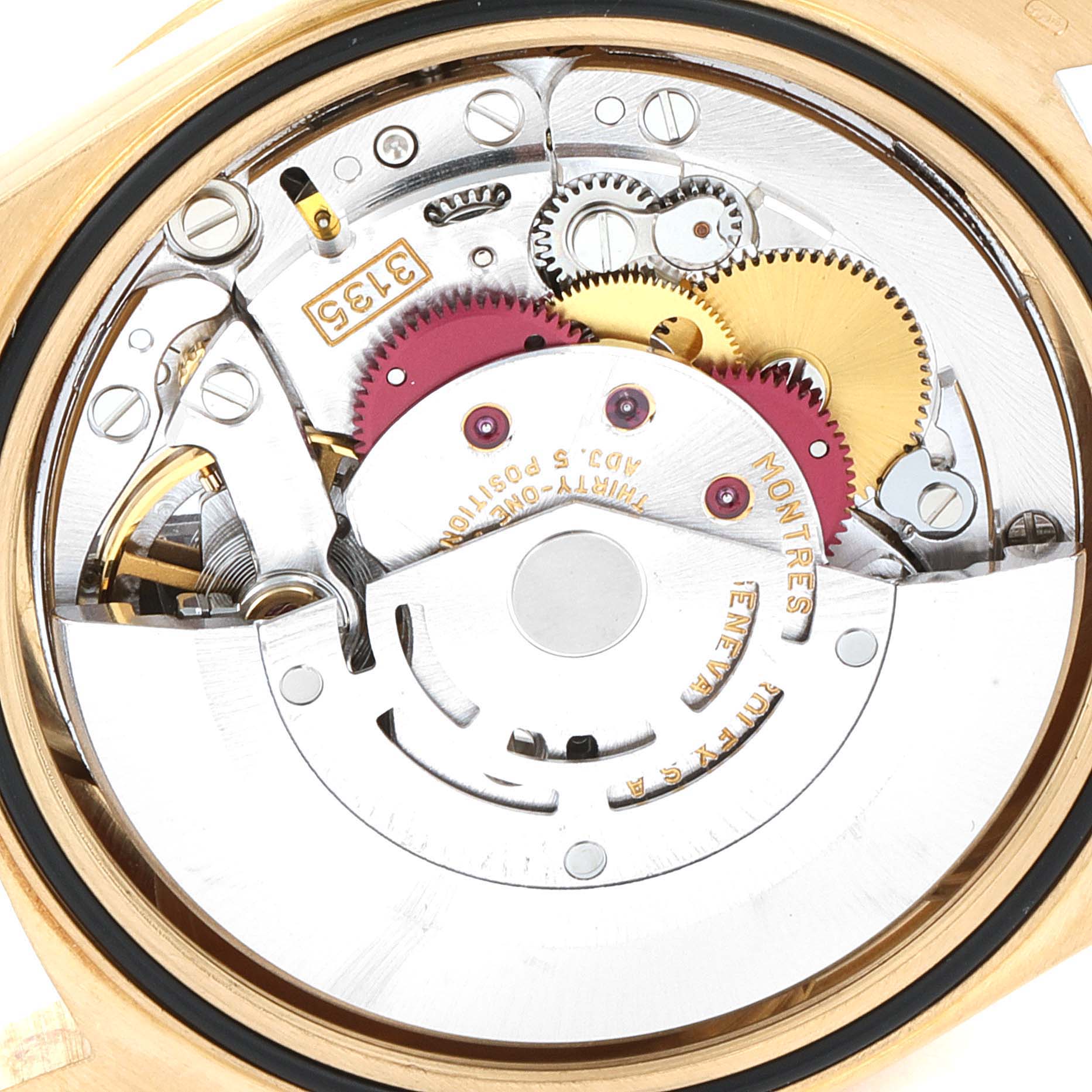 This image shows the internal mechanism of a Rolex President 16238 Men's Yellow Gold Champagne Dial 16238 Men's Yellow Gold Champagne Dial model watch from a close-up angle.