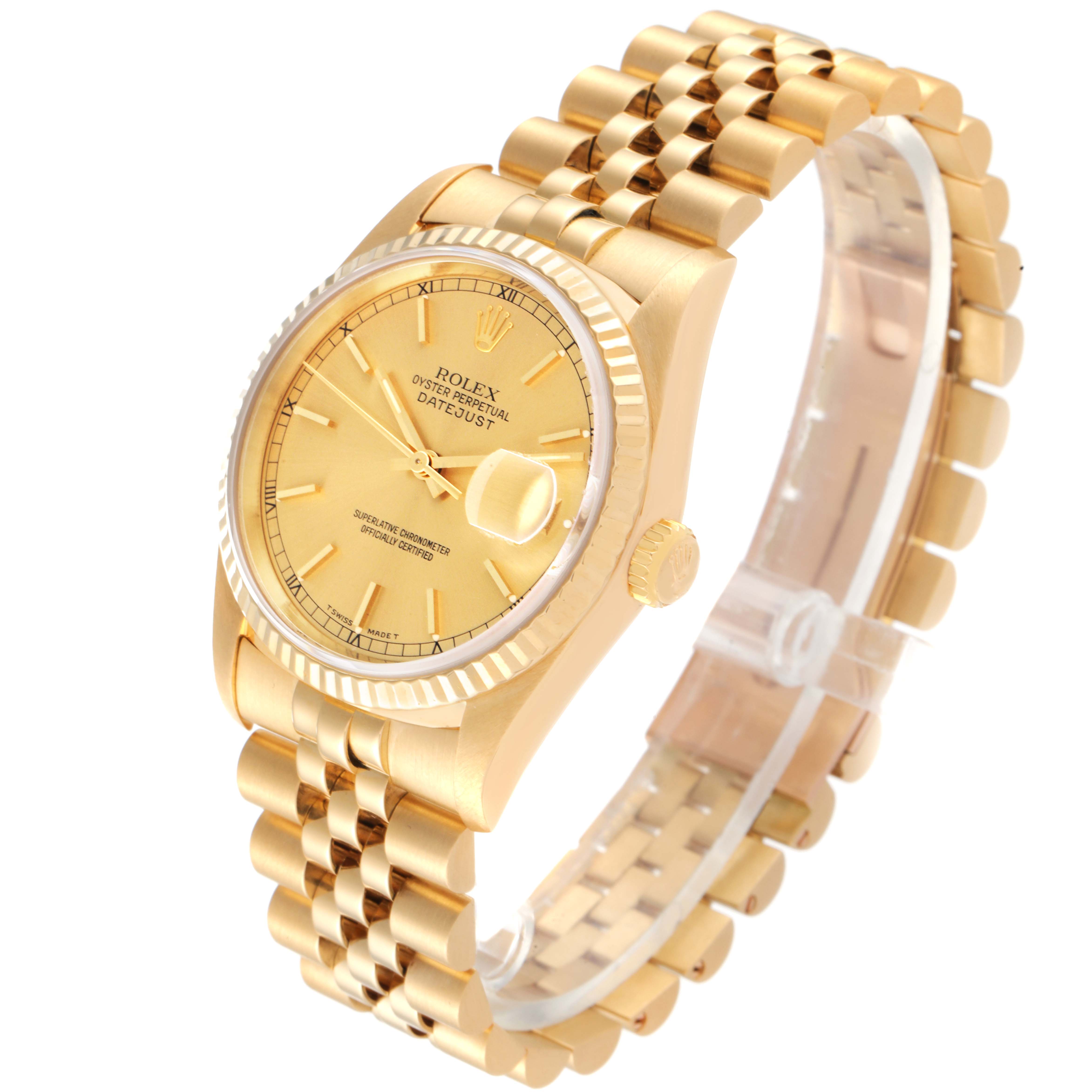 The Rolex President 16238 Men's Yellow Gold Champagne Dial 16238 Men's Yellow Gold Champagne Dial model is shown at an angled side view, displaying its gold case, dial, bracelet, and fluted bezel.