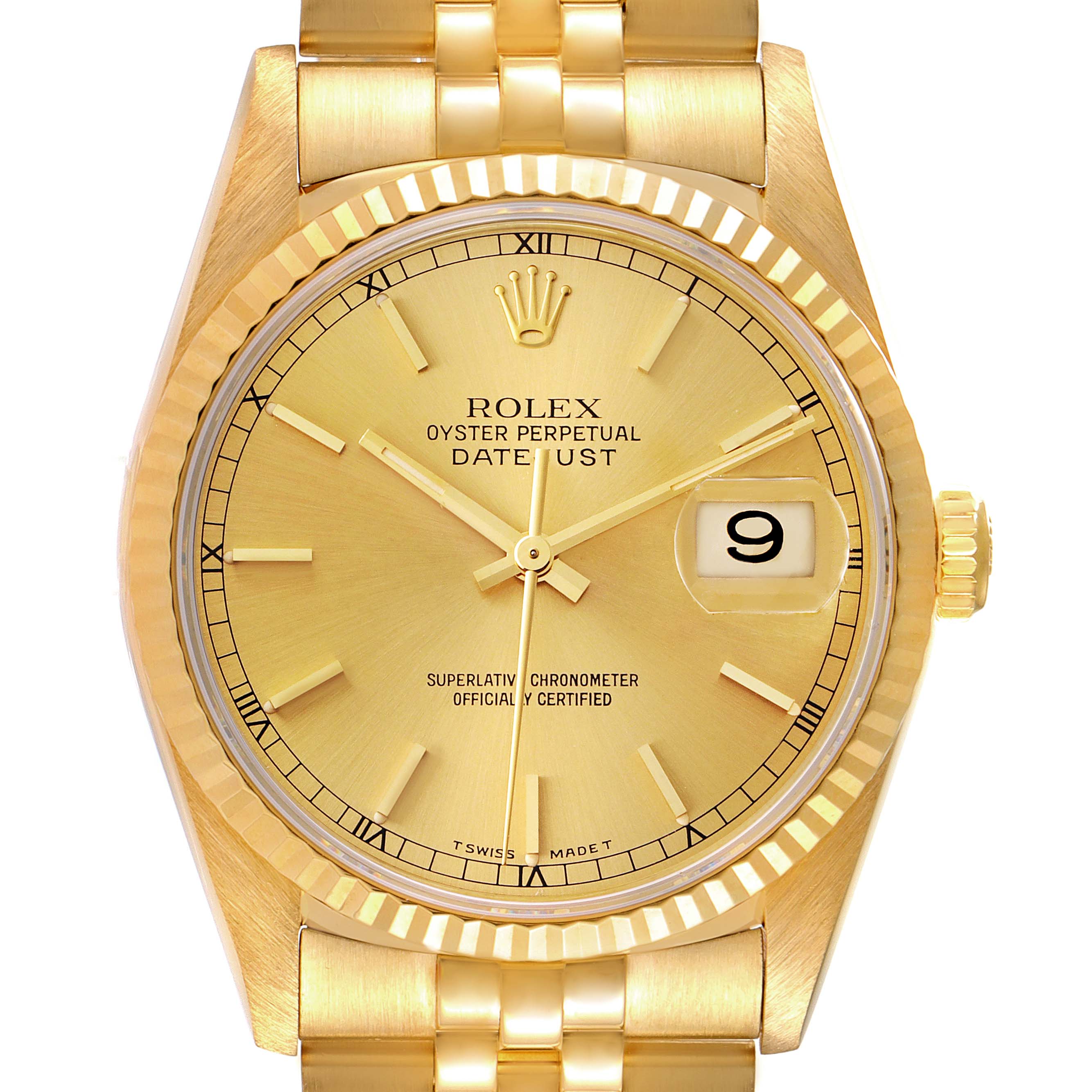 The image shows a frontal view of the Rolex Day-Date President model, highlighting its gold dial, fluted bezel, and President bracelet.