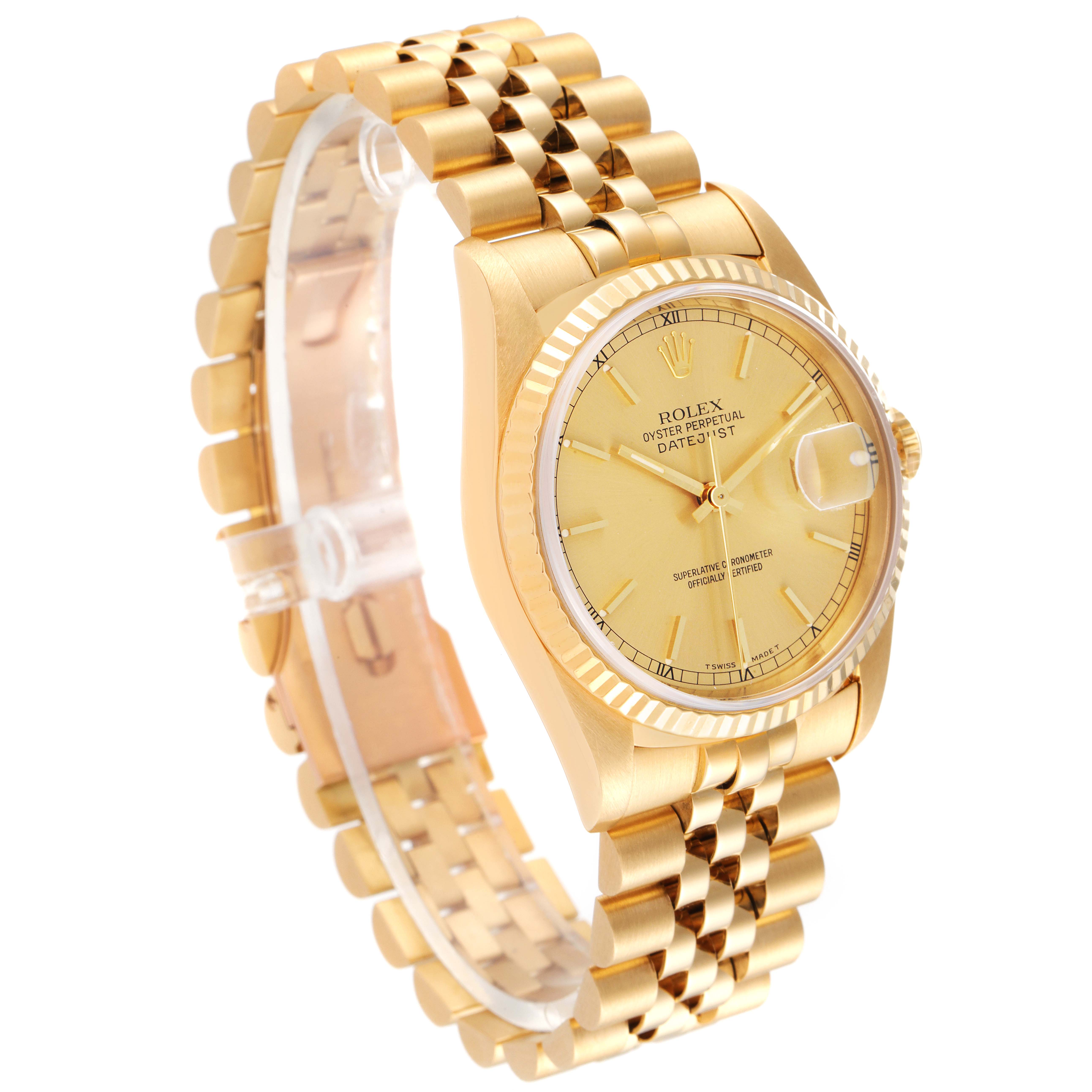 The image shows a side view of the Rolex President 16238 Men's Yellow Gold Champagne Dial 16238 Men's Yellow Gold Champagne Dial watch, highlighting its gold case, bracelet, and dial.