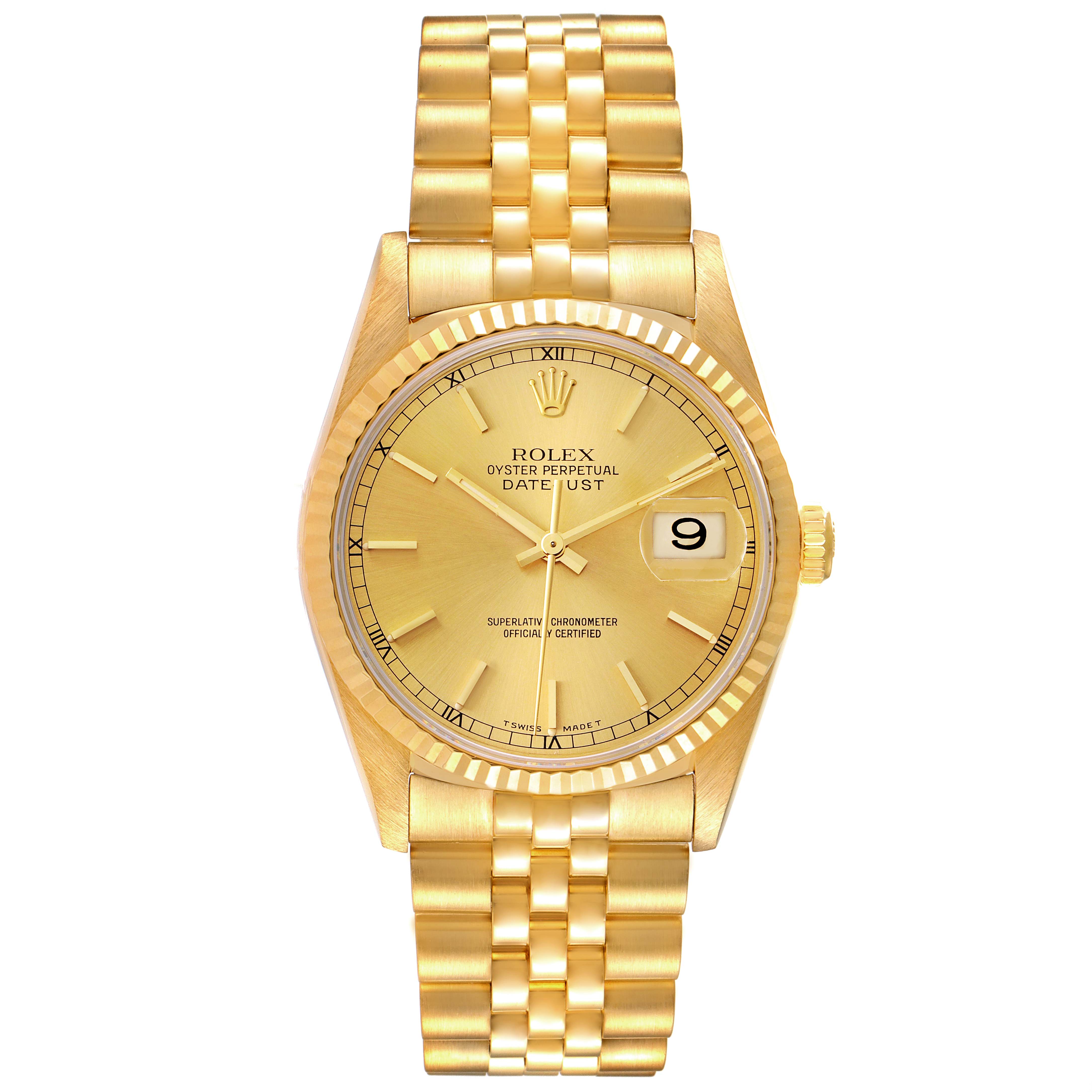 This image shows a Rolex President 16238 Men's Yellow Gold Champagne Dial 16238 Men's Yellow Gold Champagne Dial model watch from a front angle, displaying its gold case, bracelet, dial, and date feature.