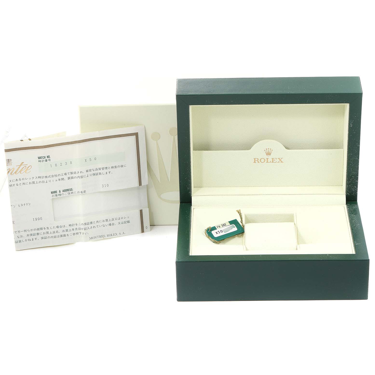 This image shows the box and documentation for a Rolex President 16238 Men's Yellow Gold Champagne Dial 16238 Men's Yellow Gold Champagne Dial model watch.