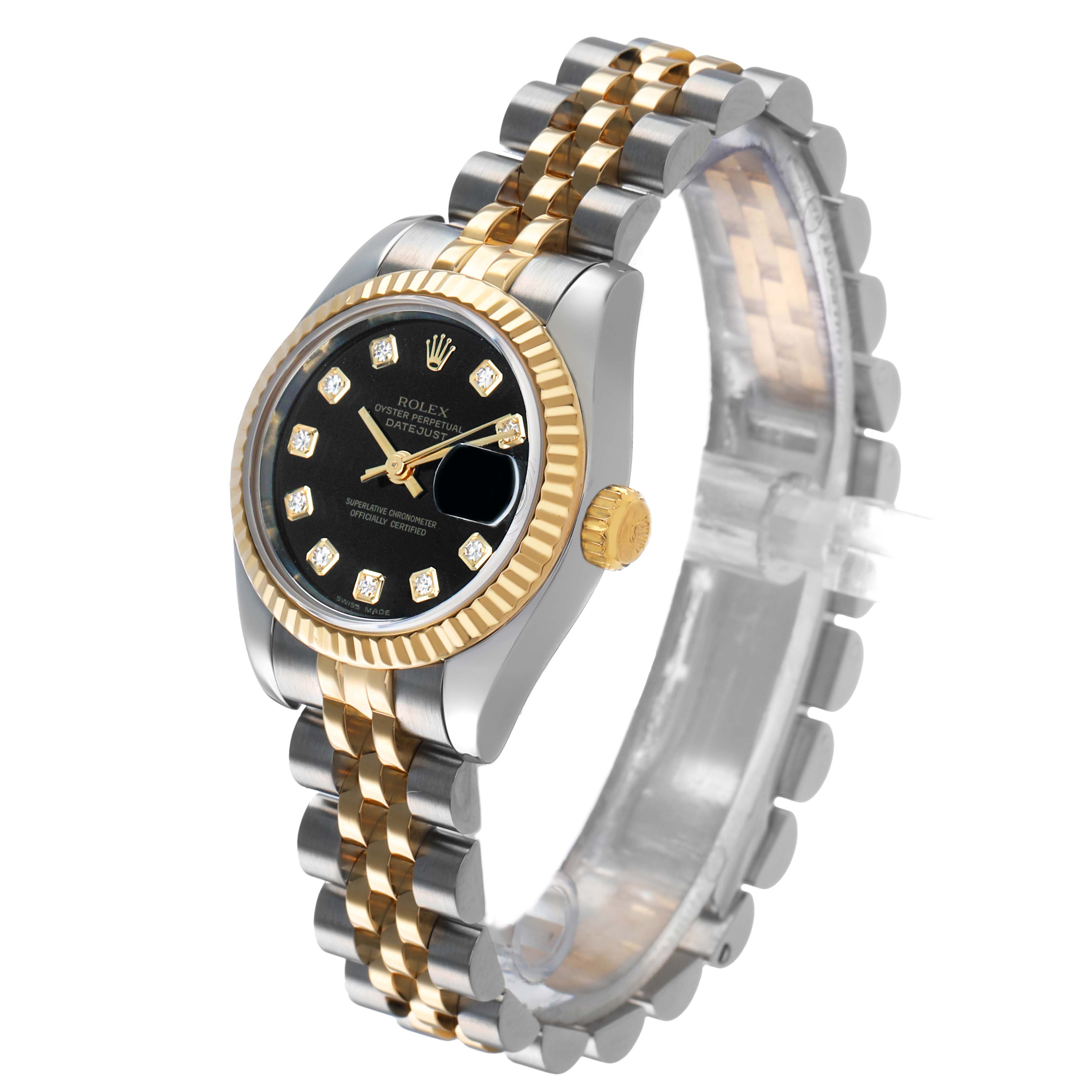 The Rolex Datejust 179173 Women's Steel and Gold (two tone) Black Dial is shown from an angled side view, highlighting the dial, bezel, two-tone bracelet, and crown.