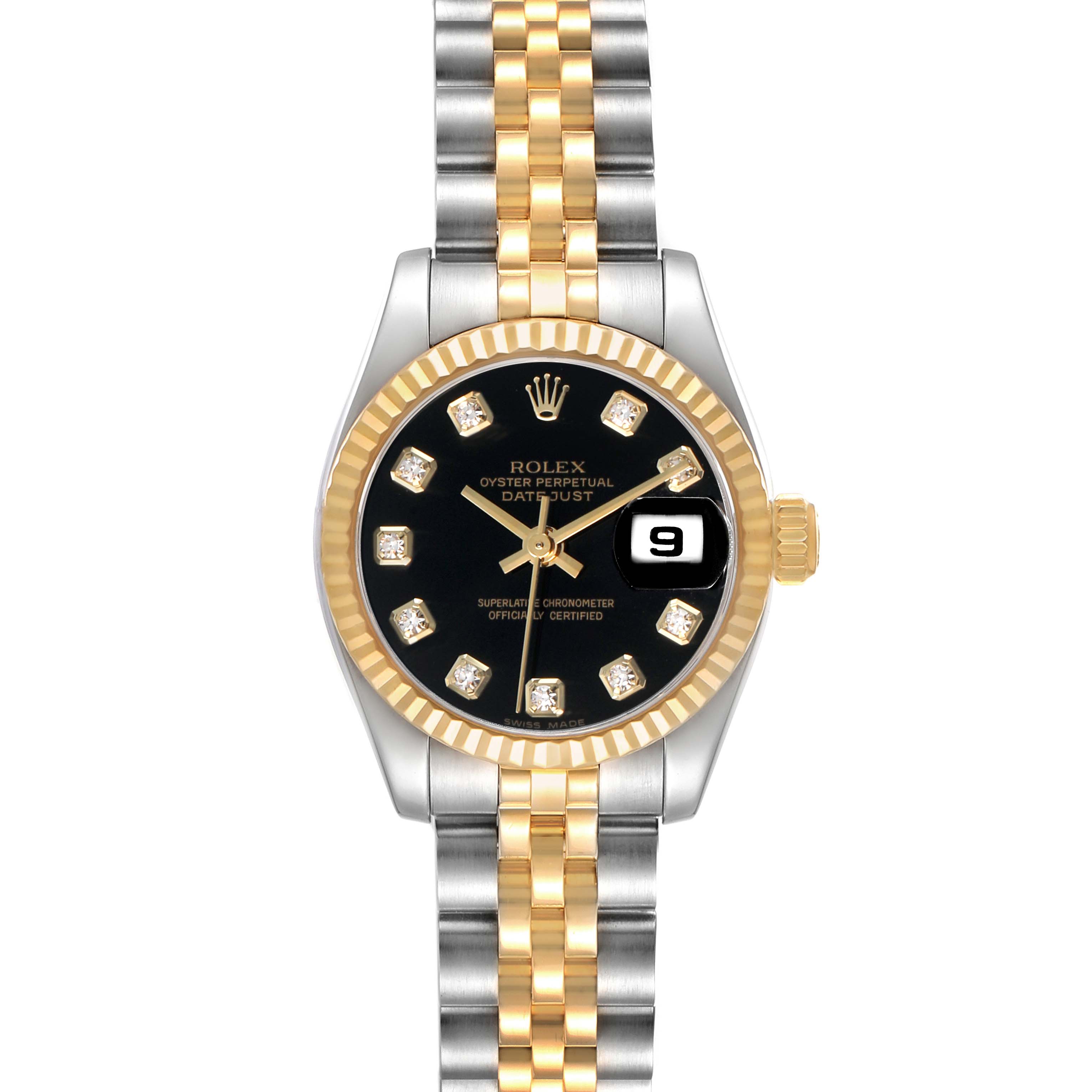 The Rolex Datejust 179173 Women's Steel and Gold (two tone) Black Dial watch is shown from the front, highlighting its black dial, date window, fluted bezel, and two-tone bracelet.