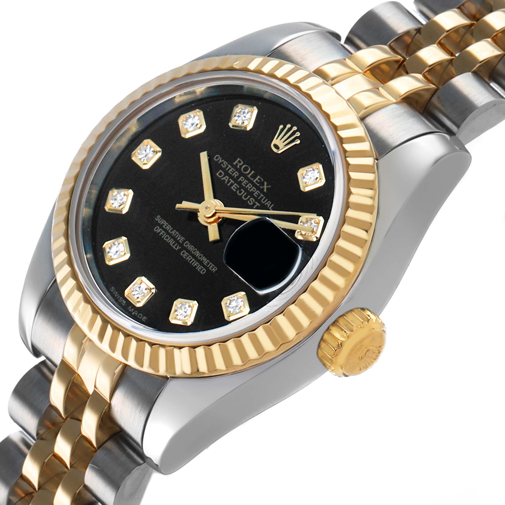 The Rolex Datejust 179173 Women's Steel and Gold (two tone) Black Dial watch is shown from an angled top view, highlighting the face, bezel, and part of the bracelet.