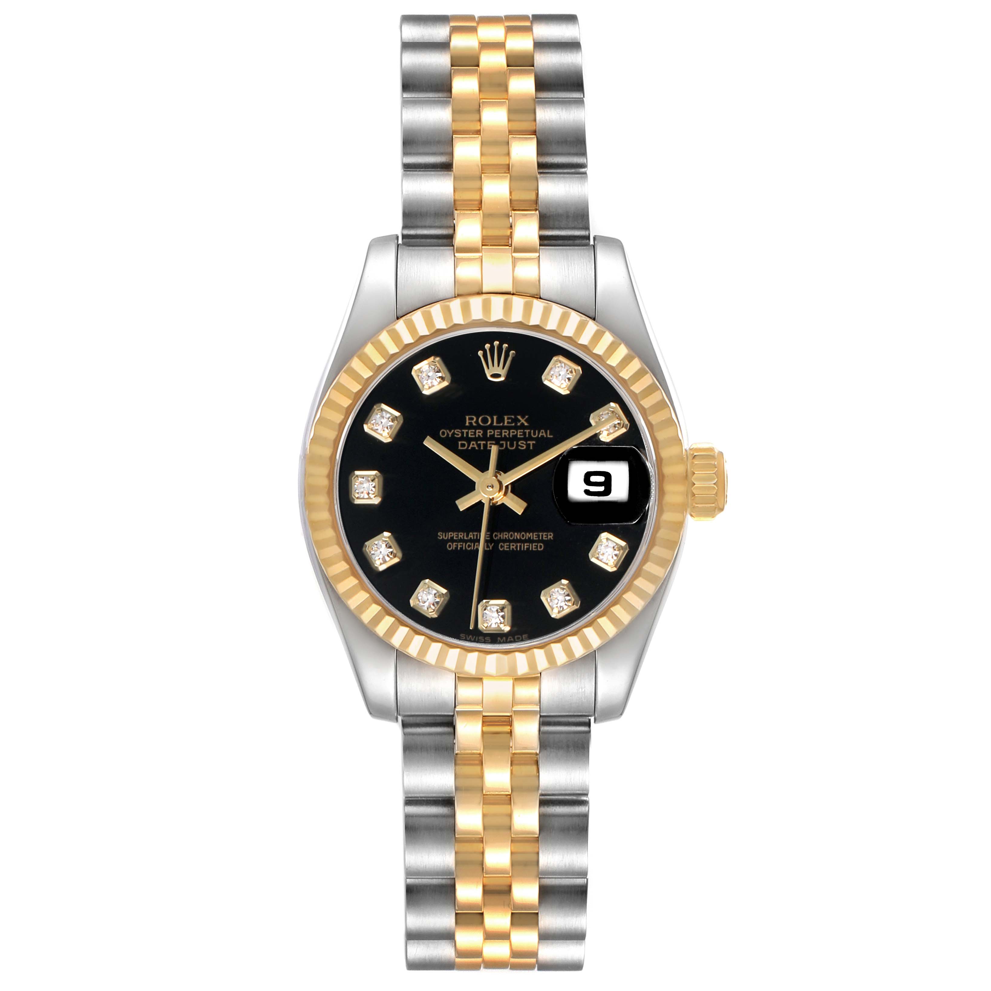 The Rolex Datejust 179173 Women's Steel and Gold (two tone) Black Dial watch is shown from a top-down angle, displaying the bezel, dial, and two-tone bracelet.