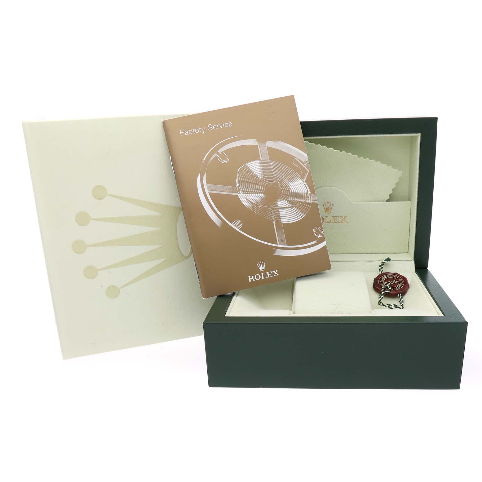 The image shows a Rolex Datejust 179173 Women's Steel and Gold (two tone) Black Dial box with a manual, tag, and cleaning cloth from a frontal angle.