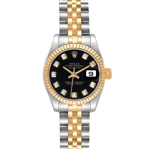 The Rolex Datejust 179173 Women's Steel and Gold (two tone) Black Dial watch is shown from a top view, featuring a black dial, gold and silver Jubilee bracelet, and date window.