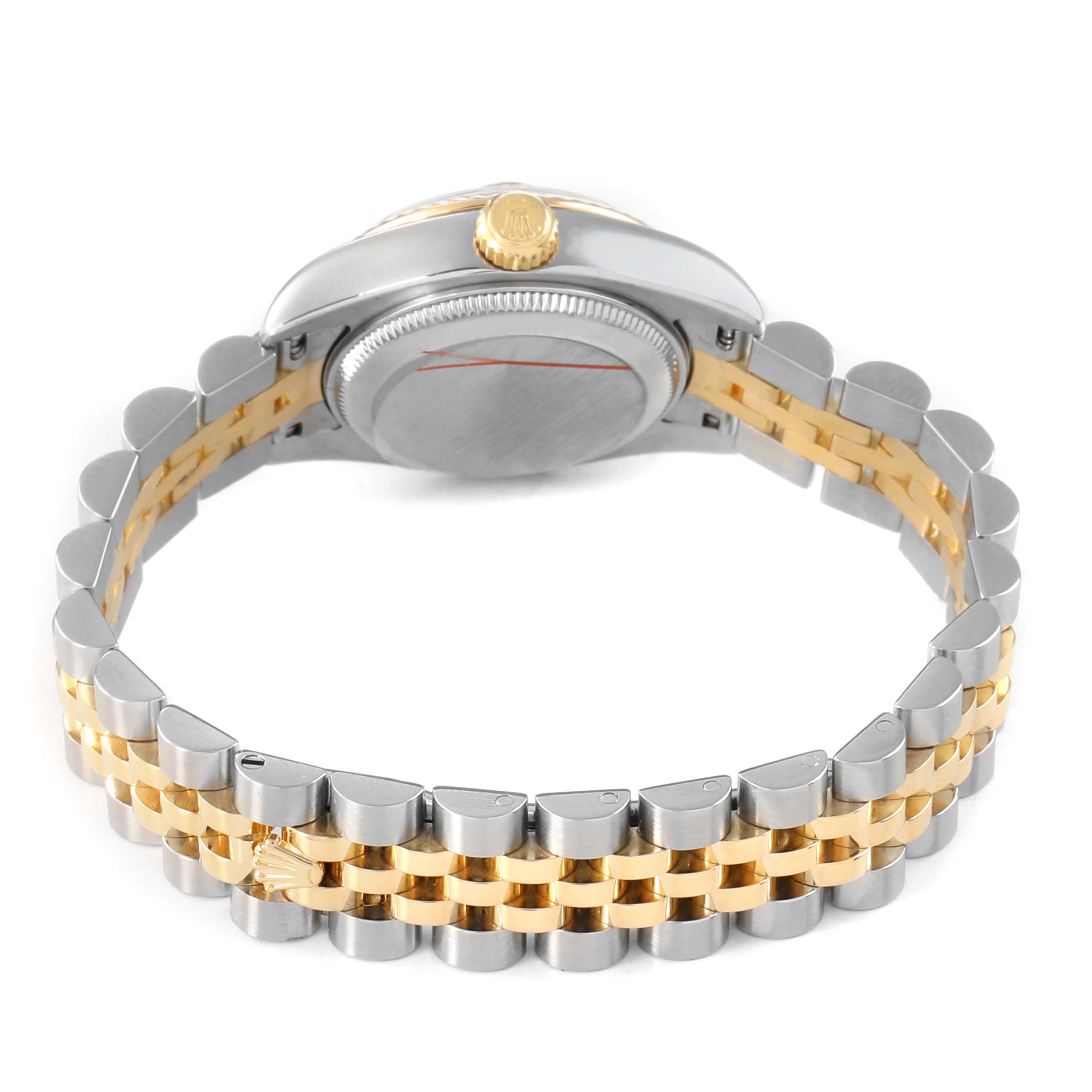The image shows the back of a Rolex Datejust 179173 Women's Steel and Gold (two tone) Black Dial watch, highlighting the gold and silver Jubilee bracelet and the crown.