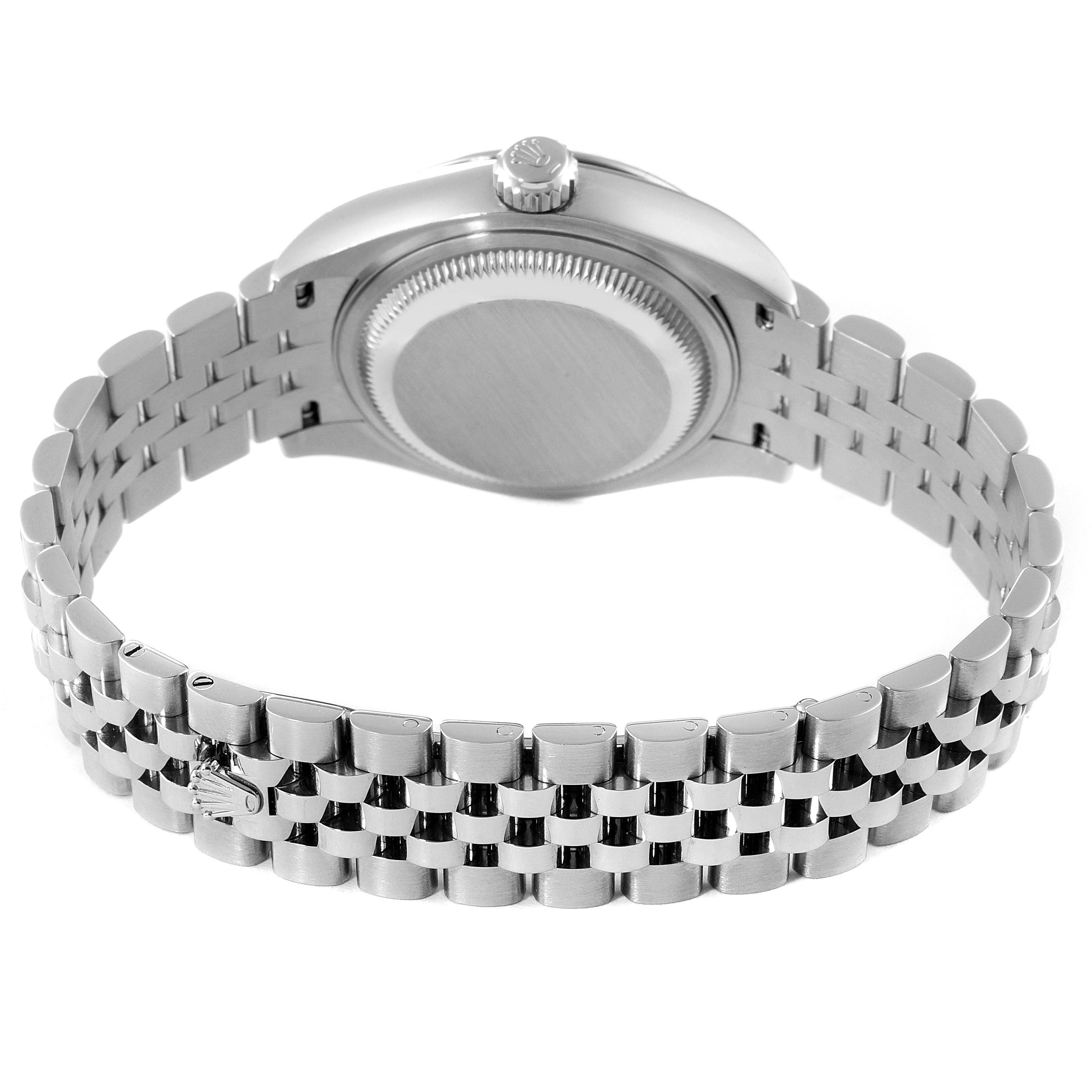 The image shows the back view of a Rolex Datejust 279174 Women
s Stainless Steel Mother of Pearl Dial 279174 Women
s Stainless Steel Mother of Pearl Dial watch, highlighting its case back and Jubilee bracelet.