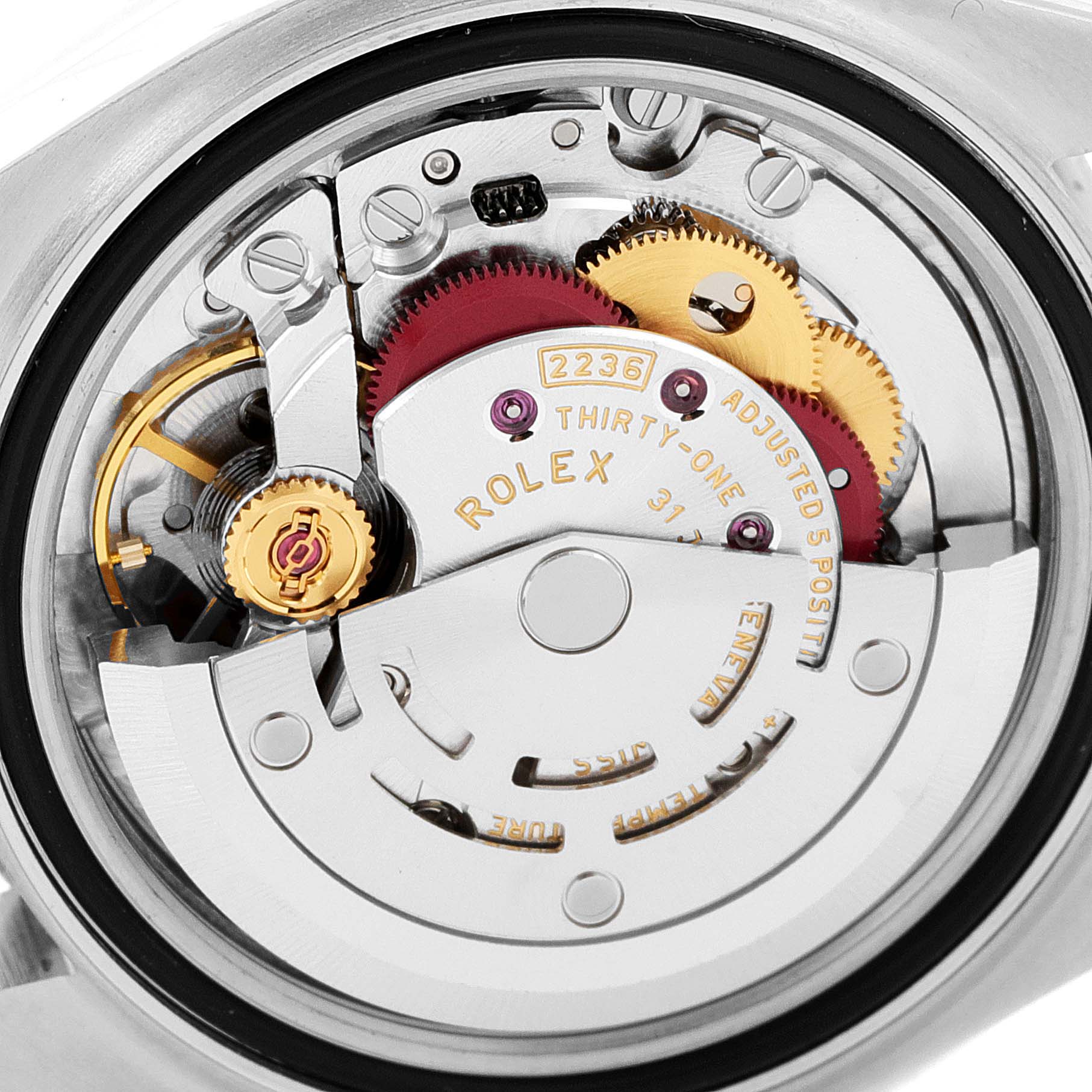 This is an image showing the internal mechanism of a Rolex Datejust 279174 Women
s Stainless Steel Mother of Pearl Dial 279174 Women
s Stainless Steel Mother of Pearl Dial, viewed from the back with visible gears and components.