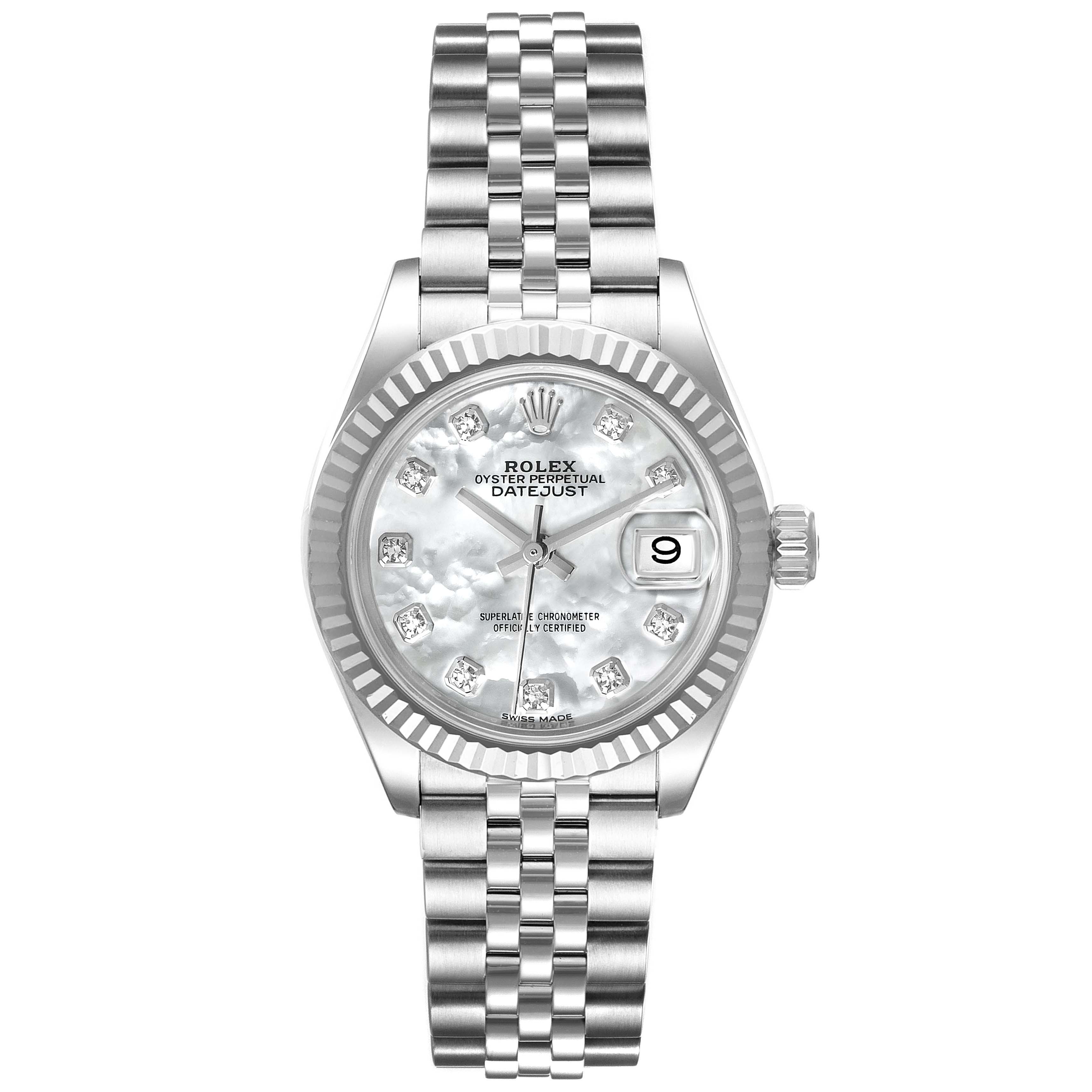 This is a head-on view of a Rolex Datejust 279174 Women
s Stainless Steel Mother of Pearl Dial 279174 Women
s Stainless Steel Mother of Pearl Dial watch, showing the face, bezel, crown, and bracelet.