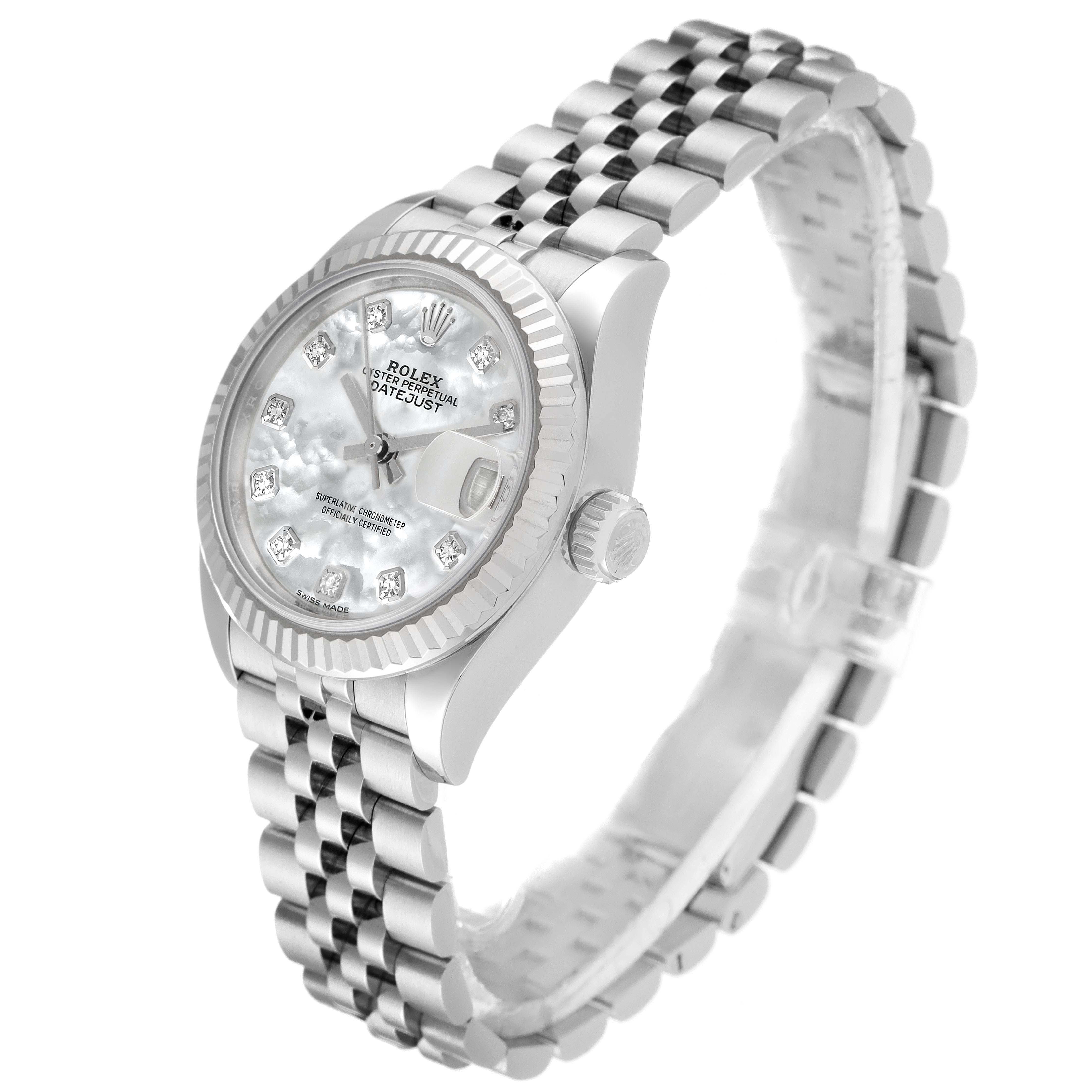 The image shows a Rolex Datejust 279174 Women
s Stainless Steel Mother of Pearl Dial 279174 Women
s Stainless Steel Mother of Pearl Dial watch at an angle highlighting the face, bezel, crown, and Jubilee bracelet.