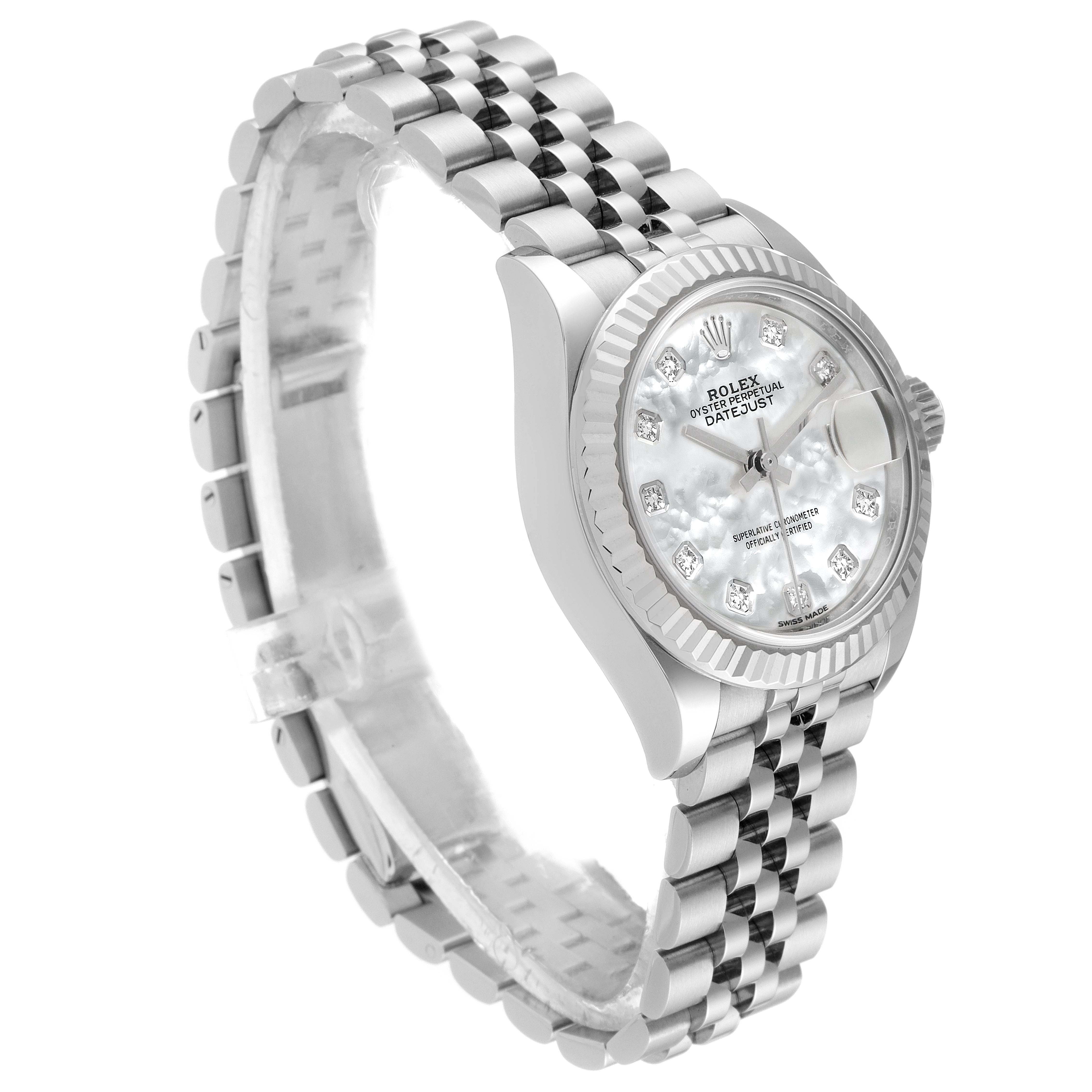 This Rolex Datejust 279174 Women
s Stainless Steel Mother of Pearl Dial 279174 Women
s Stainless Steel Mother of Pearl Dial watch is shown at a 3/4 angle, highlighting its dial, bezel, and Jubilee bracelet.