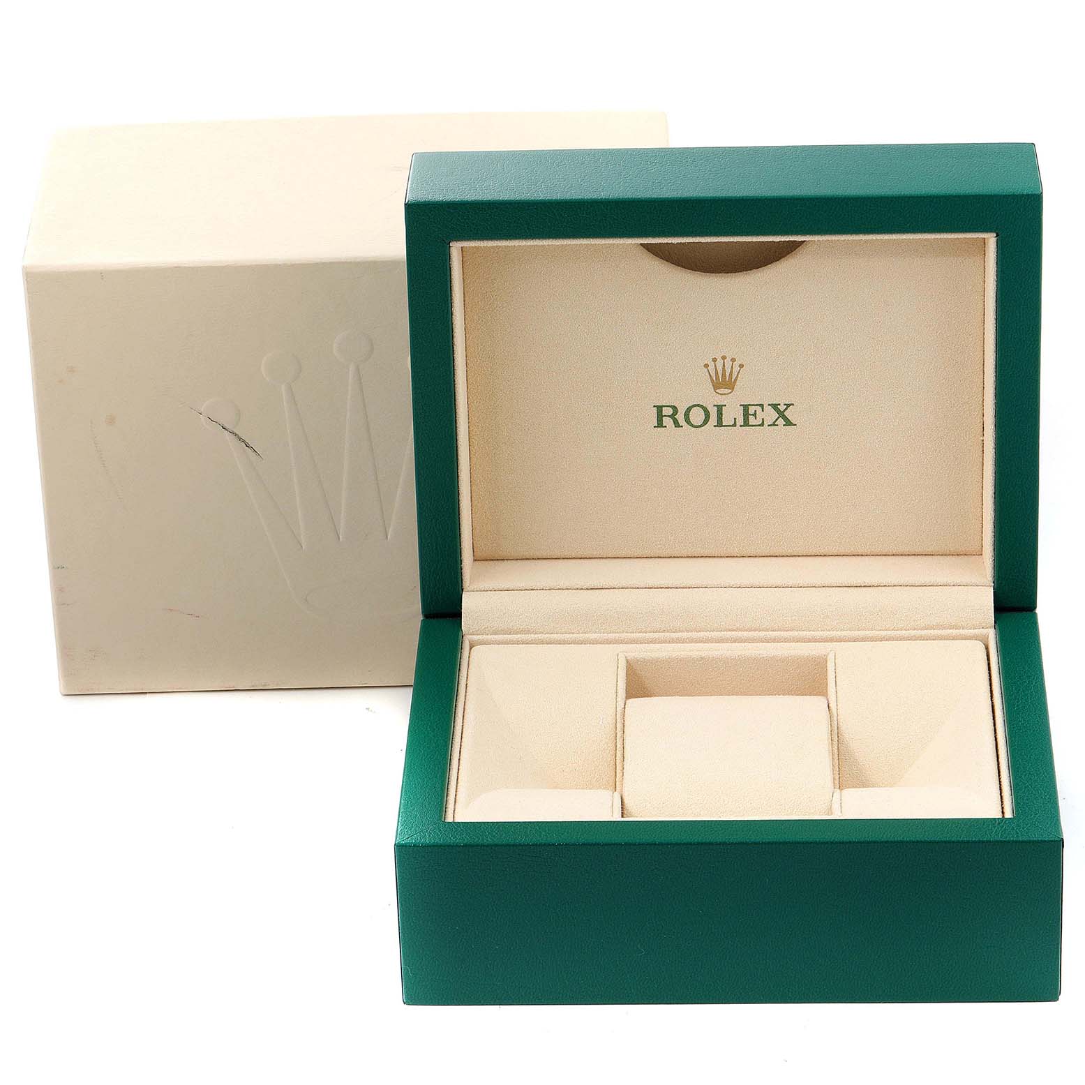 The image shows a green Rolex Datejust 279174 Women
s Stainless Steel Mother of Pearl Dial 279174 Women
s Stainless Steel Mother of Pearl Dial watch box and its outer packaging, both viewed from the front.