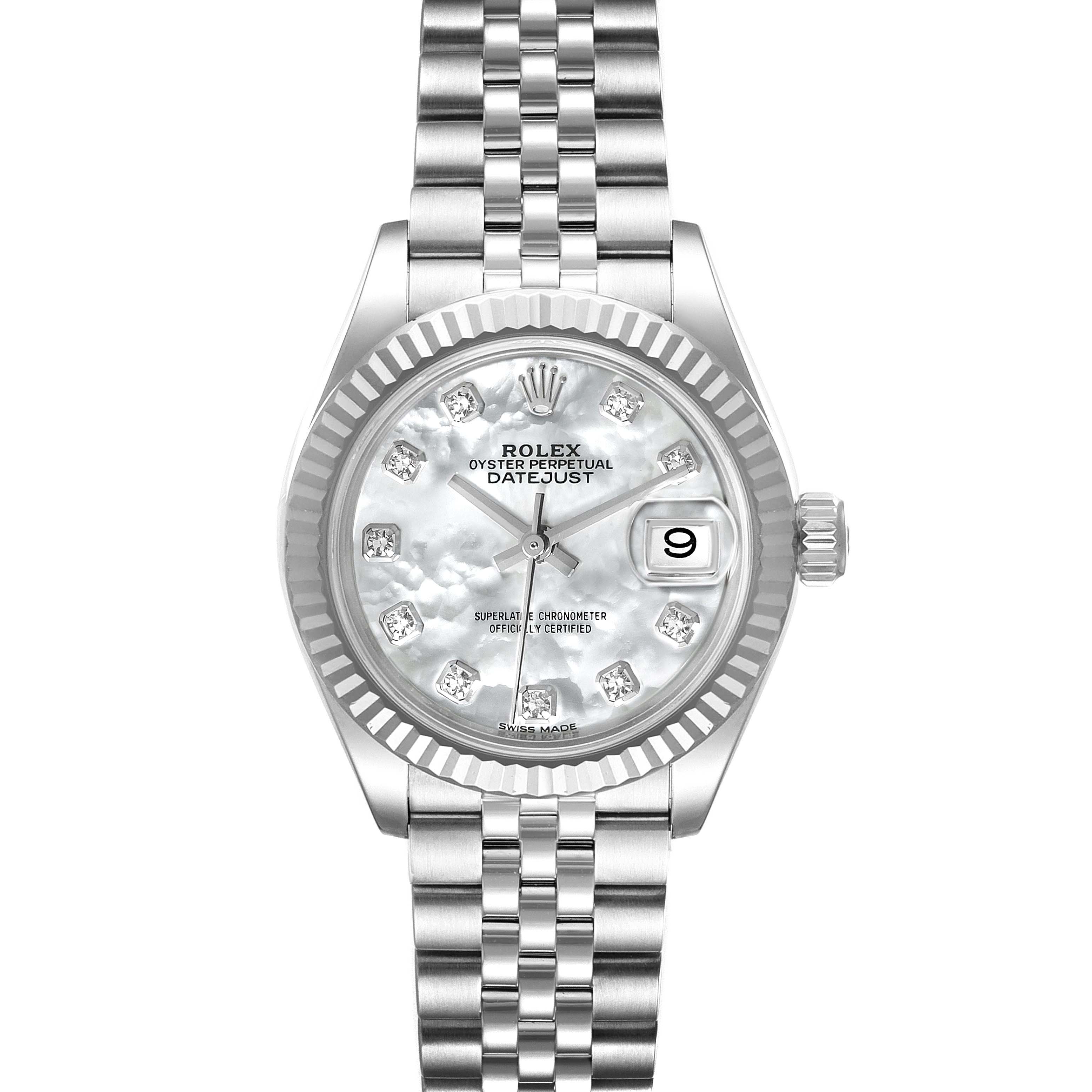 This image shows a front view of a Rolex Datejust 279174 Women
s Stainless Steel Mother of Pearl Dial 279174 Women
s Stainless Steel Mother of Pearl Dial watch, featuring the dial, bezel, crown, and bracelet.