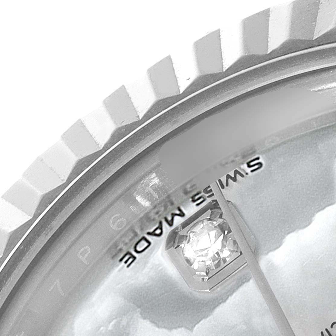 The image shows a close-up of the dial, diamond hour marker, and part of the fluted bezel of a Rolex Datejust 279174 Women
s Stainless Steel Mother of Pearl Dial 279174 Women
s Stainless Steel Mother of Pearl Dial watch.