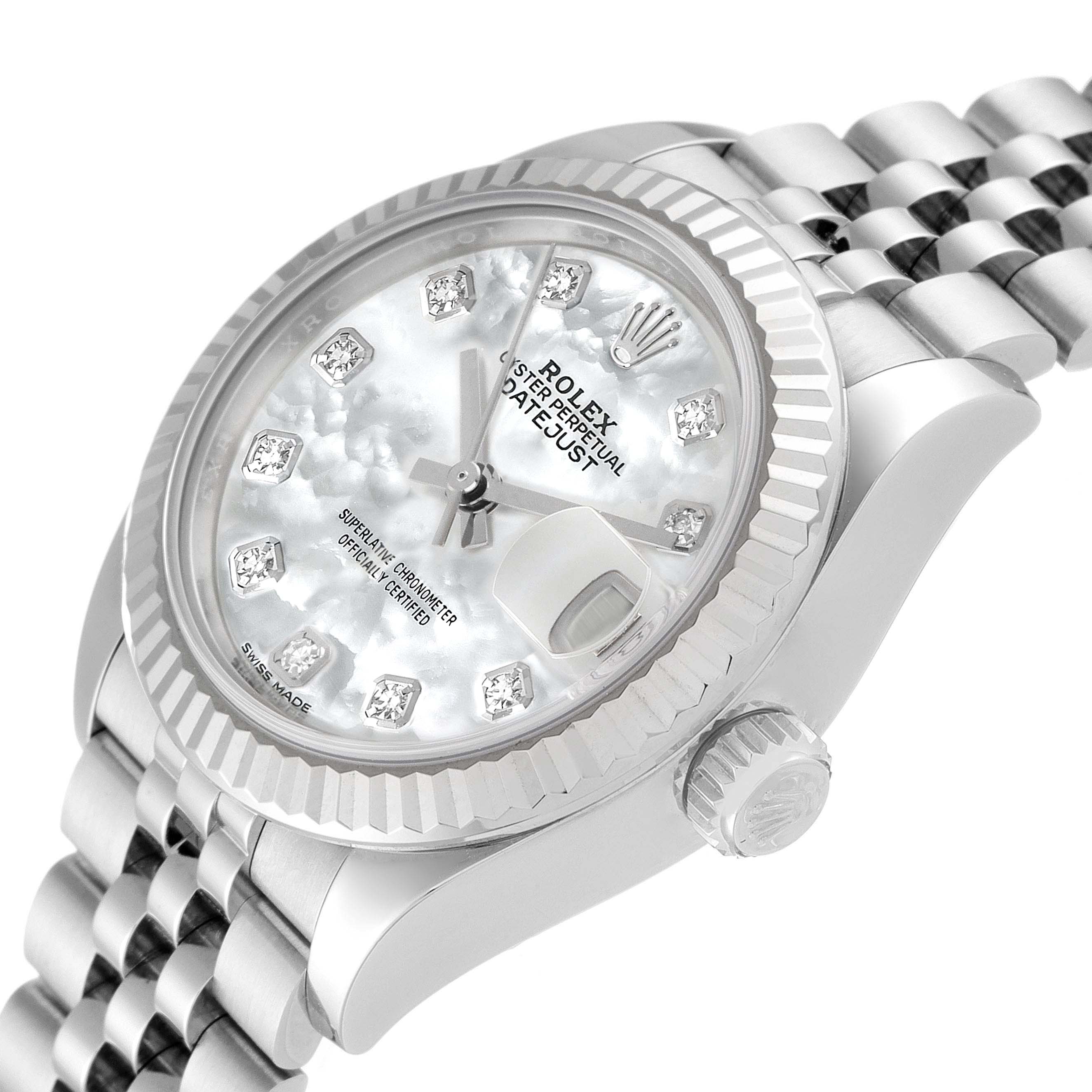 The image shows a close-up angled view of the face, bezel, crown, and part of the bracelet of a Rolex Datejust 279174 Women
s Stainless Steel Mother of Pearl Dial 279174 Women
s Stainless Steel Mother of Pearl Dial watch.