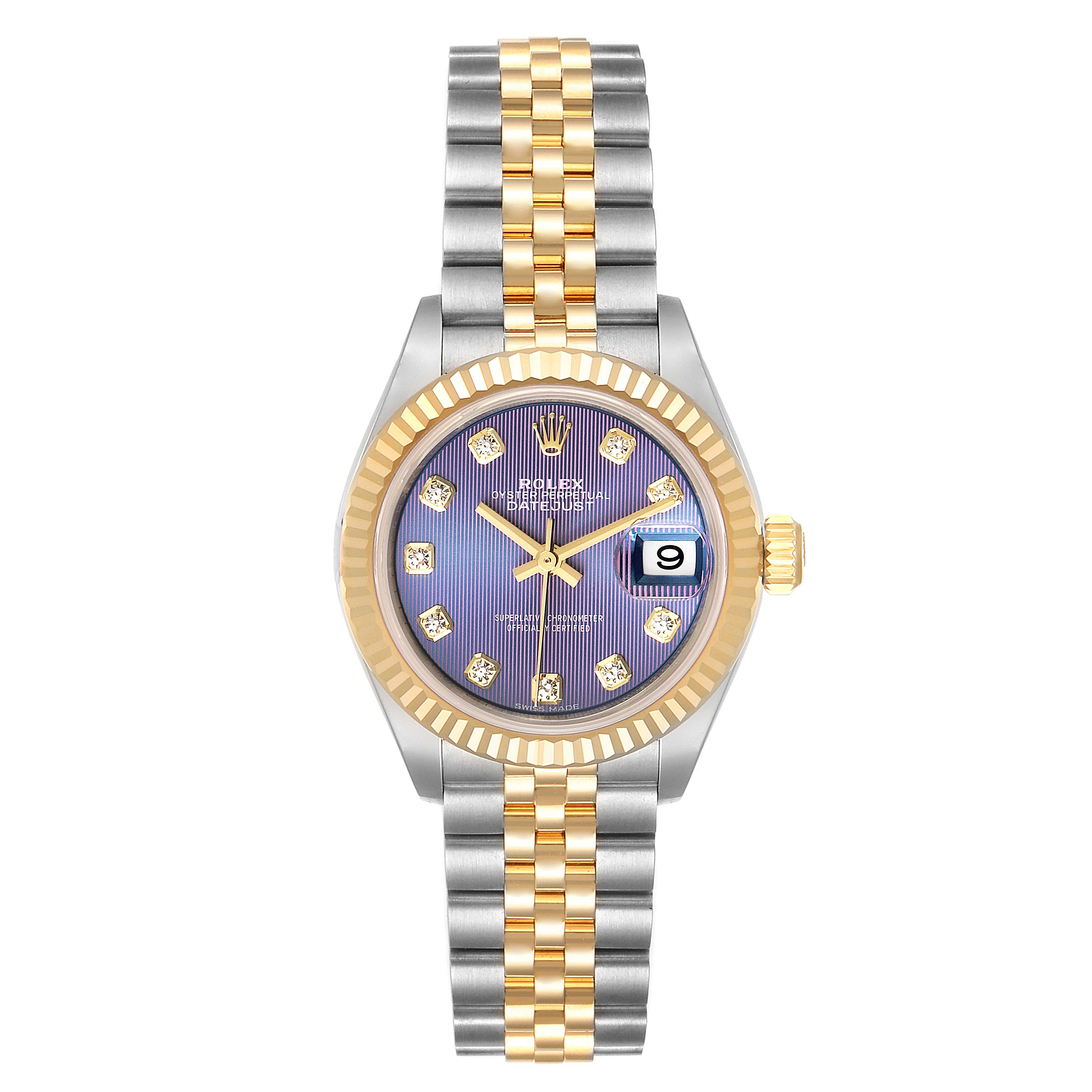 The Rolex Datejust 279173 Women
s Steel and Gold (two tone) Purple Dial 279173 Women
s Steel and Gold (two tone) Purple Dial watch is shown from a top-down angle, displaying its dial, bezel, crown, and bracelet.