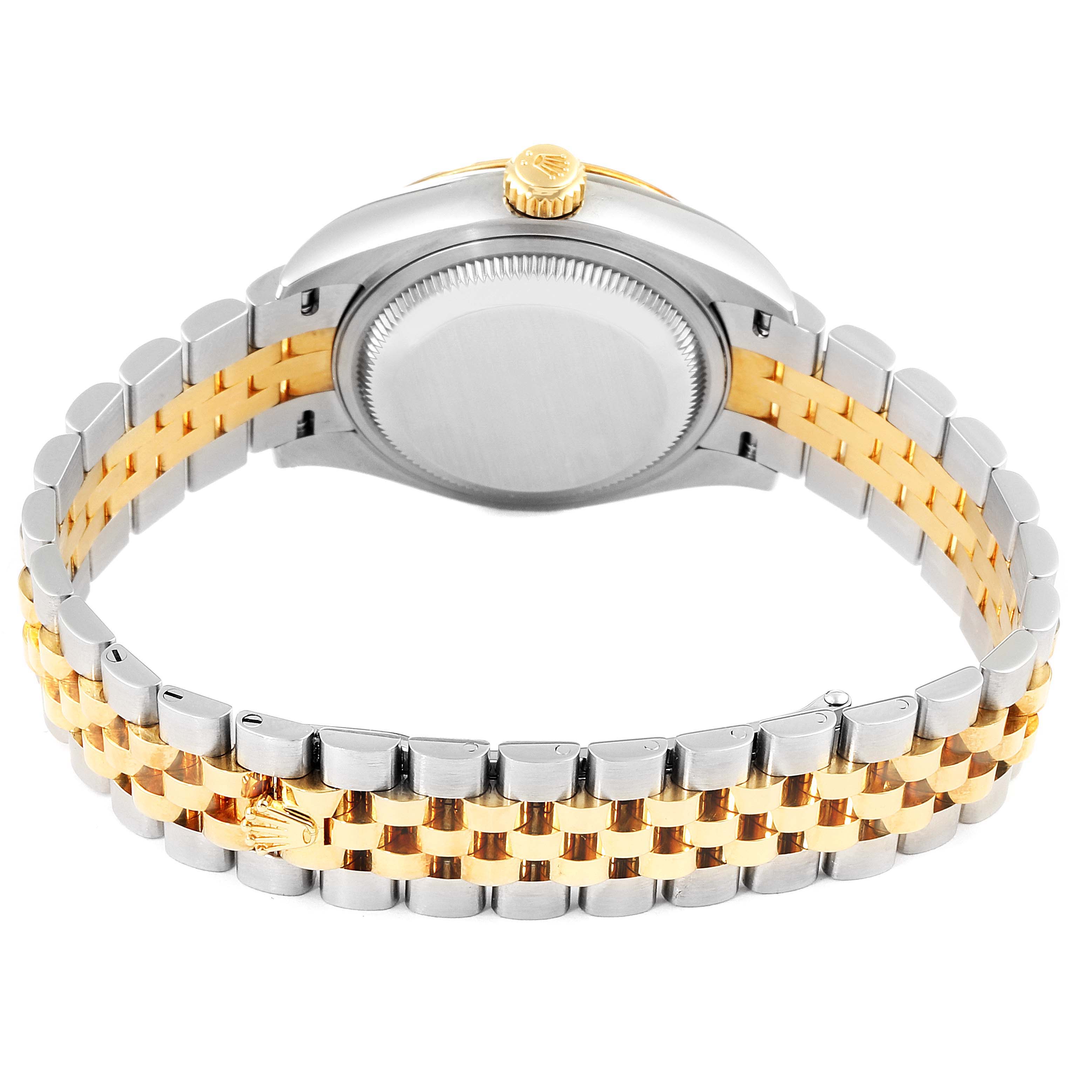 This image shows the backside and bracelet of a Rolex Datejust 279173 Women
s Steel and Gold (two tone) Purple Dial 279173 Women
s Steel and Gold (two tone) Purple Dial watch, highlighting the clasp and crown.