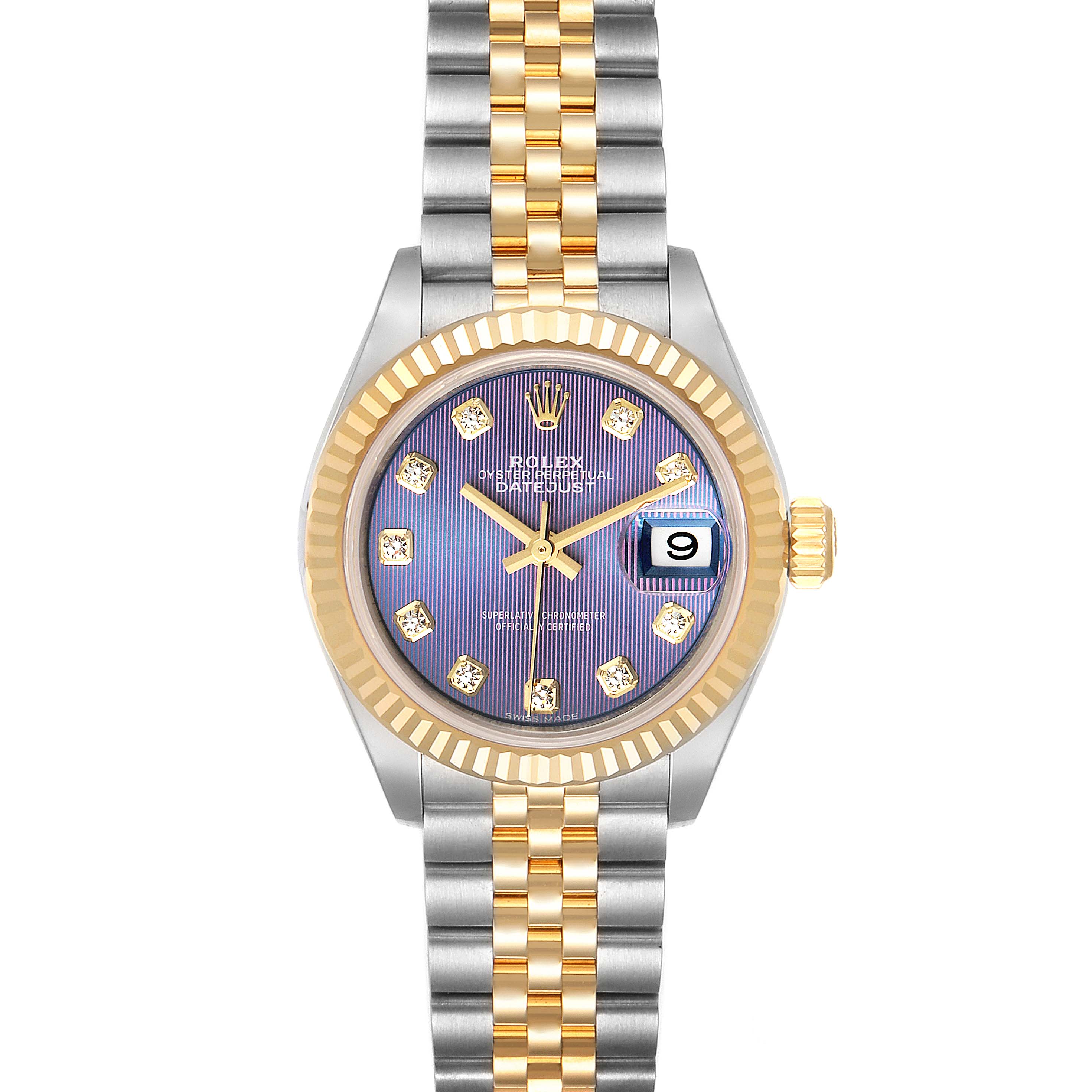 This Rolex Datejust 279173 Women
s Steel and Gold (two tone) Purple Dial 279173 Women
s Steel and Gold (two tone) Purple Dial watch is shown from a top-down angle, displaying the face, bezel, and full bracelet.
