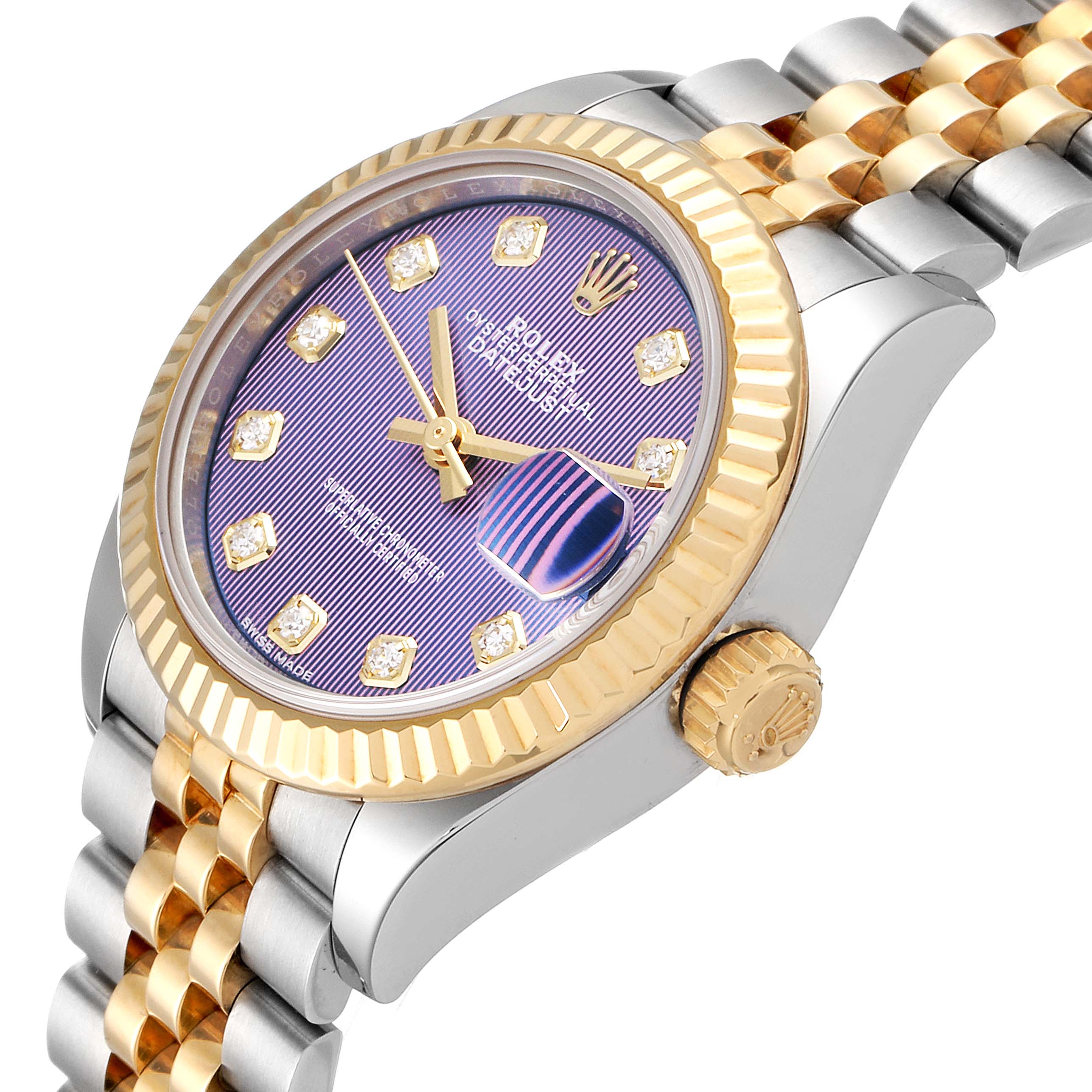 The image shows a side angle of the Rolex Datejust 279173 Women
s Steel and Gold (two tone) Purple Dial 279173 Women
s Steel and Gold (two tone) Purple Dial with a gold and silver bracelet and a purple dial.