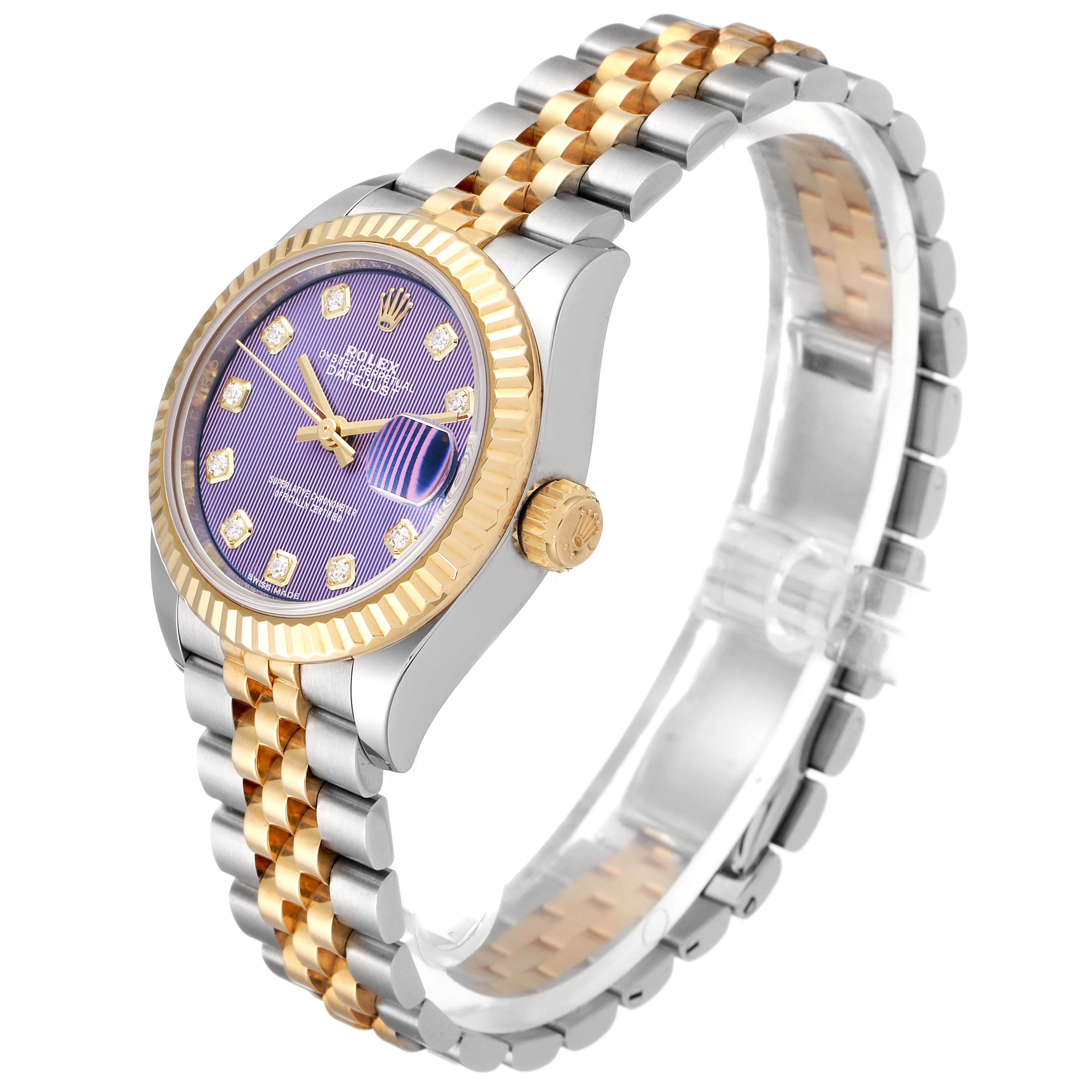 The Rolex Datejust 279173 Women
s Steel and Gold (two tone) Purple Dial 279173 Women
s Steel and Gold (two tone) Purple Dial watch is shown at a slight side angle, highlighting the dial, fluted bezel, crown, and Jubilee bracelet.
