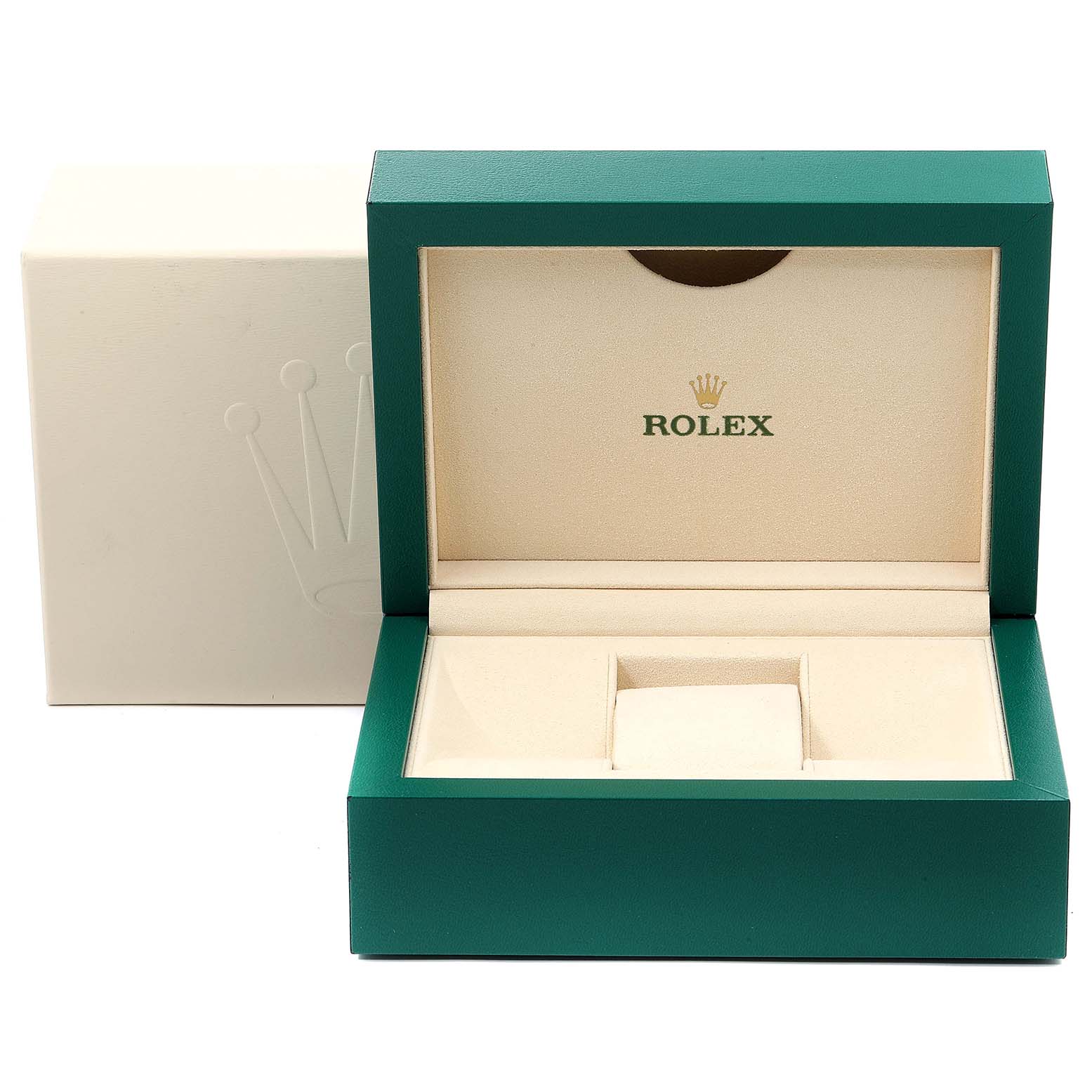 The image shows an open Rolex watch box at a front angle, designed to hold the Datejust model.