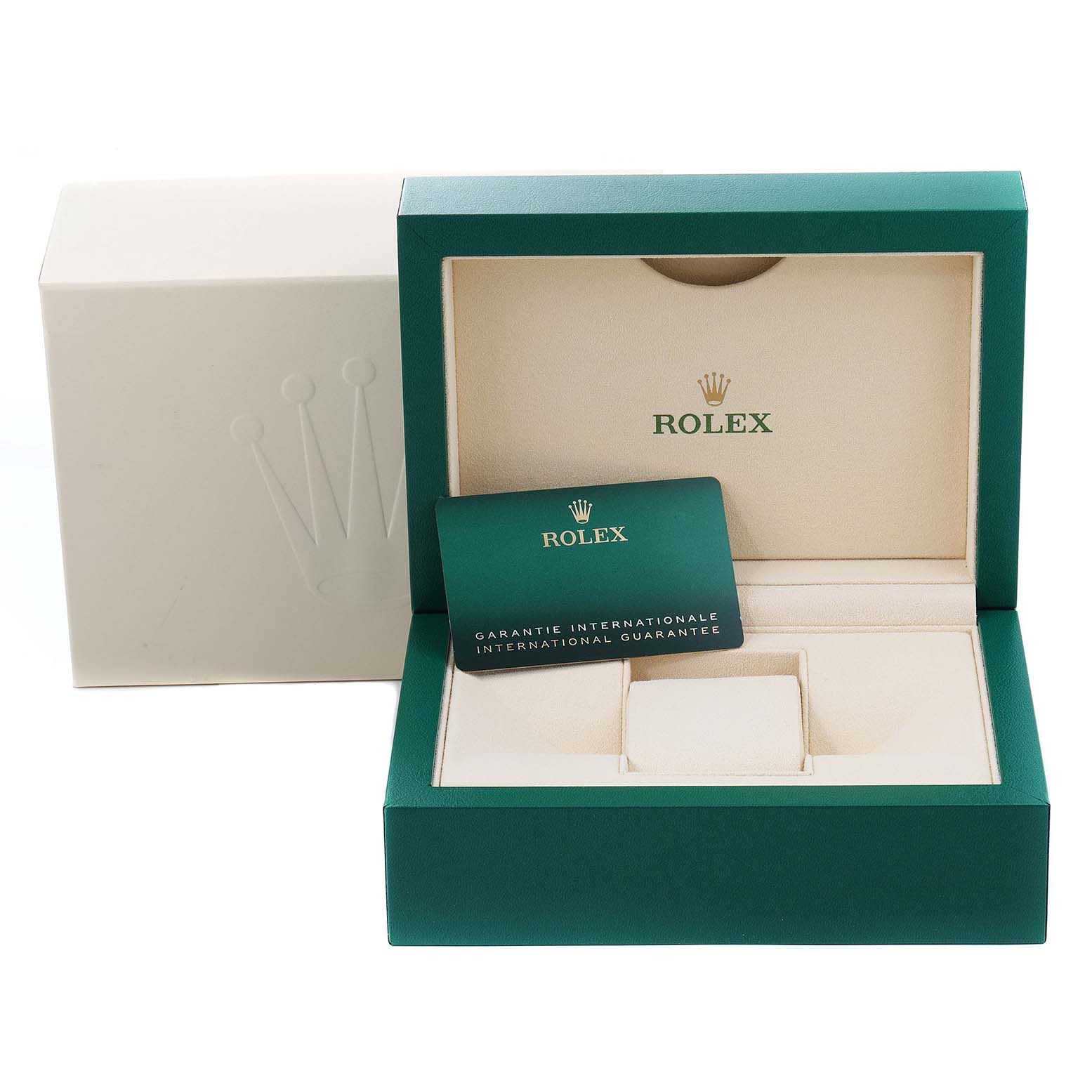 This image shows a Rolex Datejust 279173 Women's Stainless Steel Purple Dial 279173 Women's Stainless Steel Purple Dial packaging box, with an international guarantee card.
