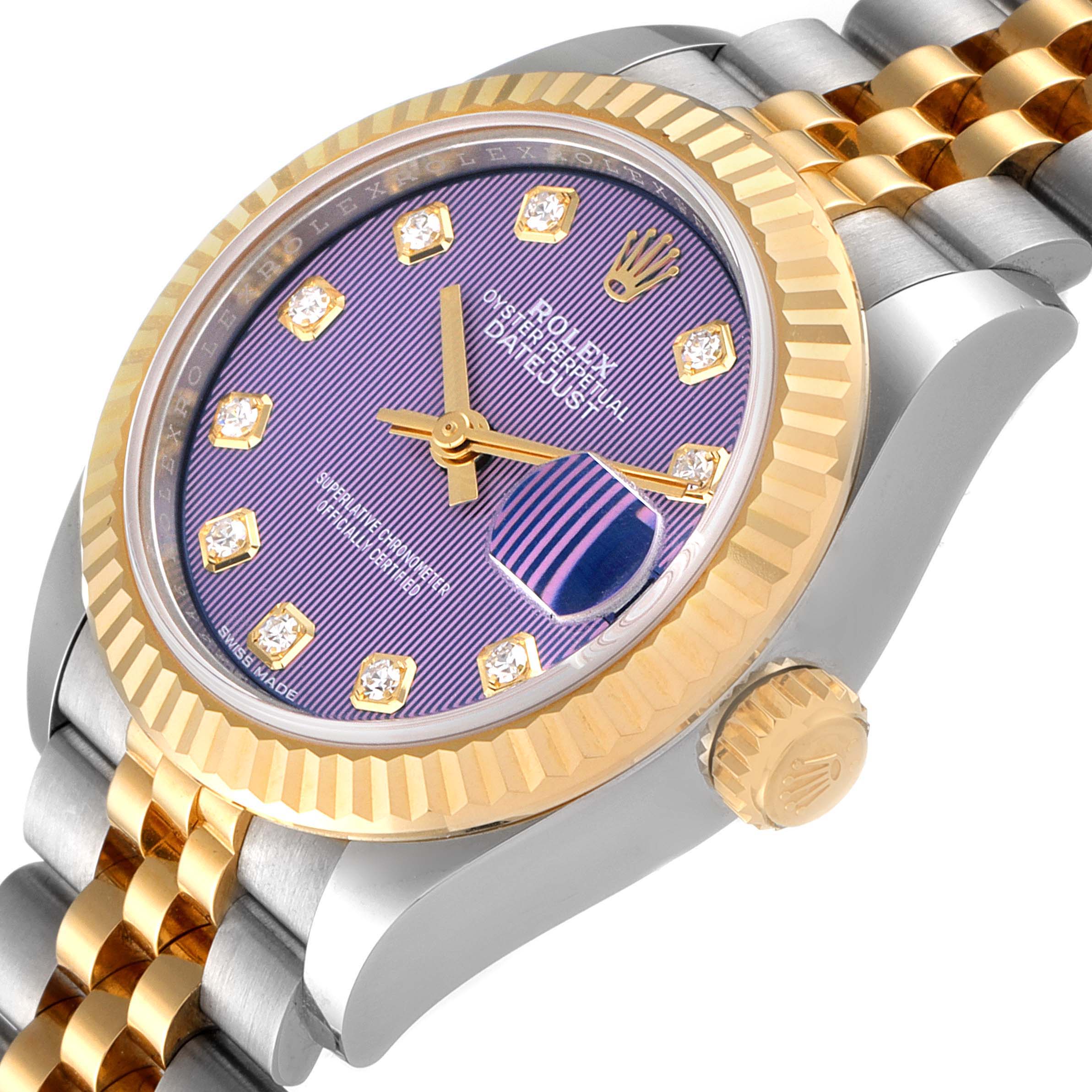 The image shows a close-up angle of the Rolex Datejust 279173 Women's Stainless Steel Purple Dial 279173 Women's Stainless Steel Purple Dial watch featuring its dial, bezel, crown, and part of its bracelet.