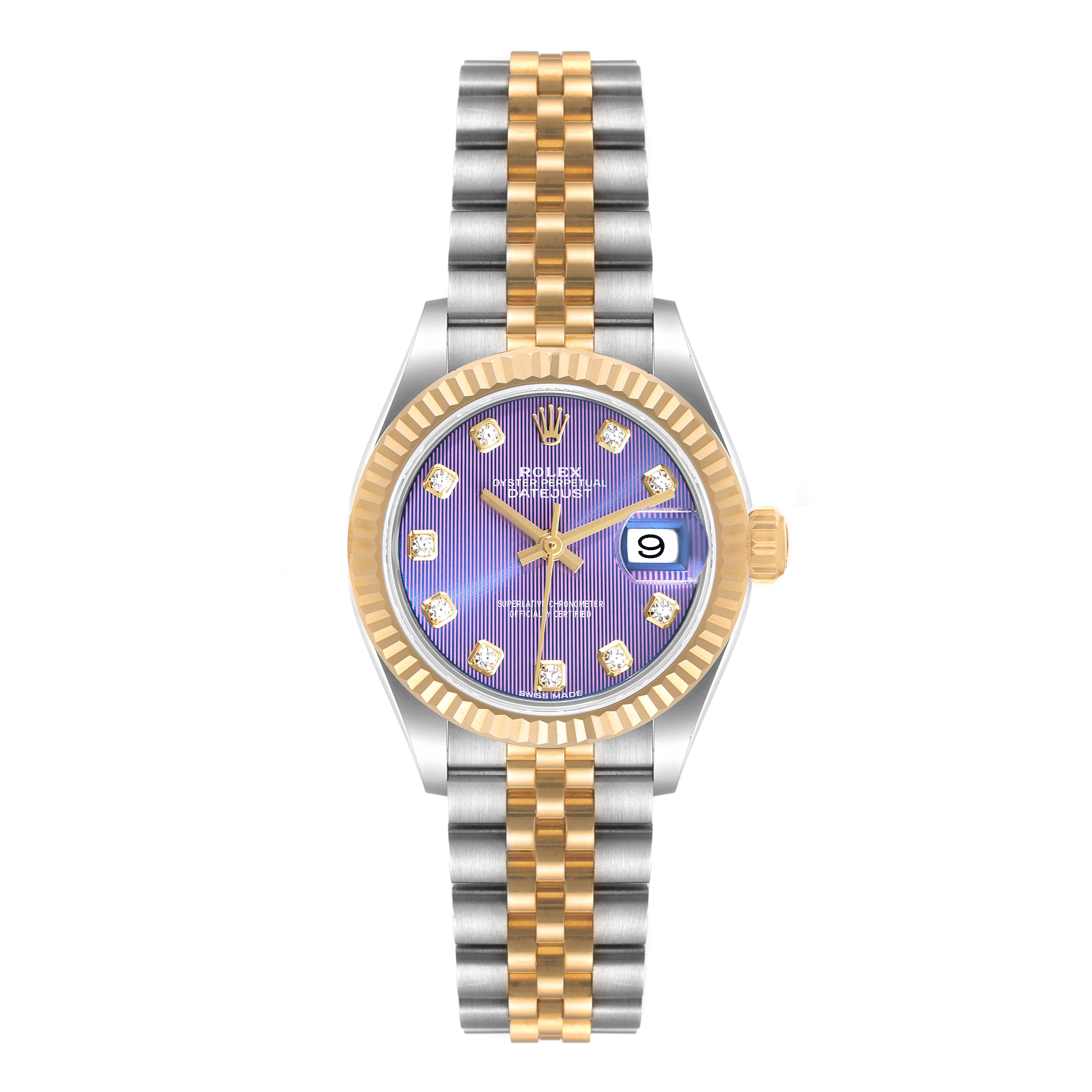 This image shows a front view of a Rolex Datejust 279173 Women's Stainless Steel Purple Dial 279173 Women's Stainless Steel Purple Dial watch featuring a two-tone bracelet and a fluted bezel.