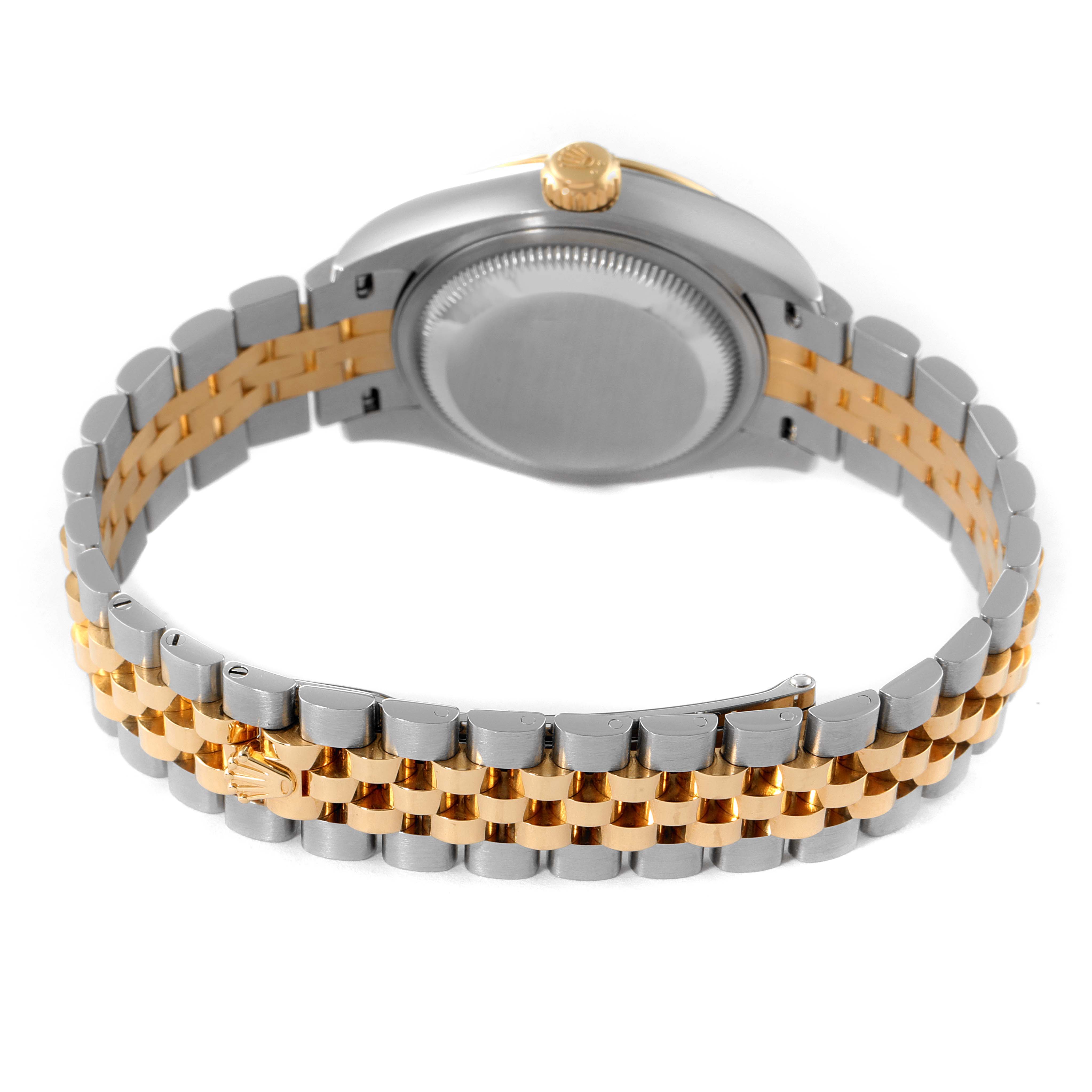 The image shows the back view of a Rolex Datejust 279173 Women's Stainless Steel Purple Dial 279173 Women's Stainless Steel Purple Dial watch, highlighting its two-tone bracelet and closed case back.