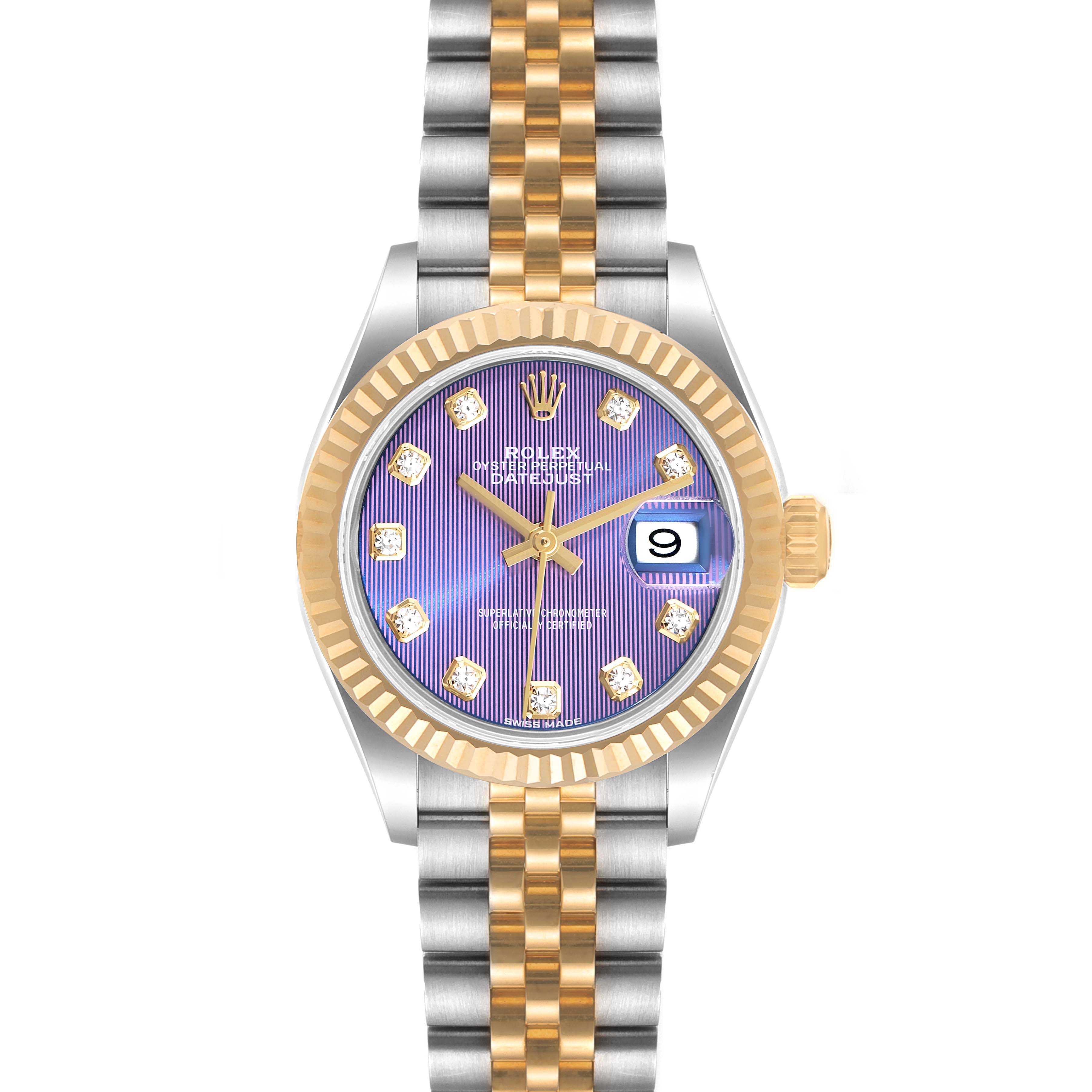This image shows a front view of a Rolex Datejust 279173 Women's Stainless Steel Purple Dial 279173 Women's Stainless Steel Purple Dial watch, displaying its dial, bezel, crown, and bracelet.