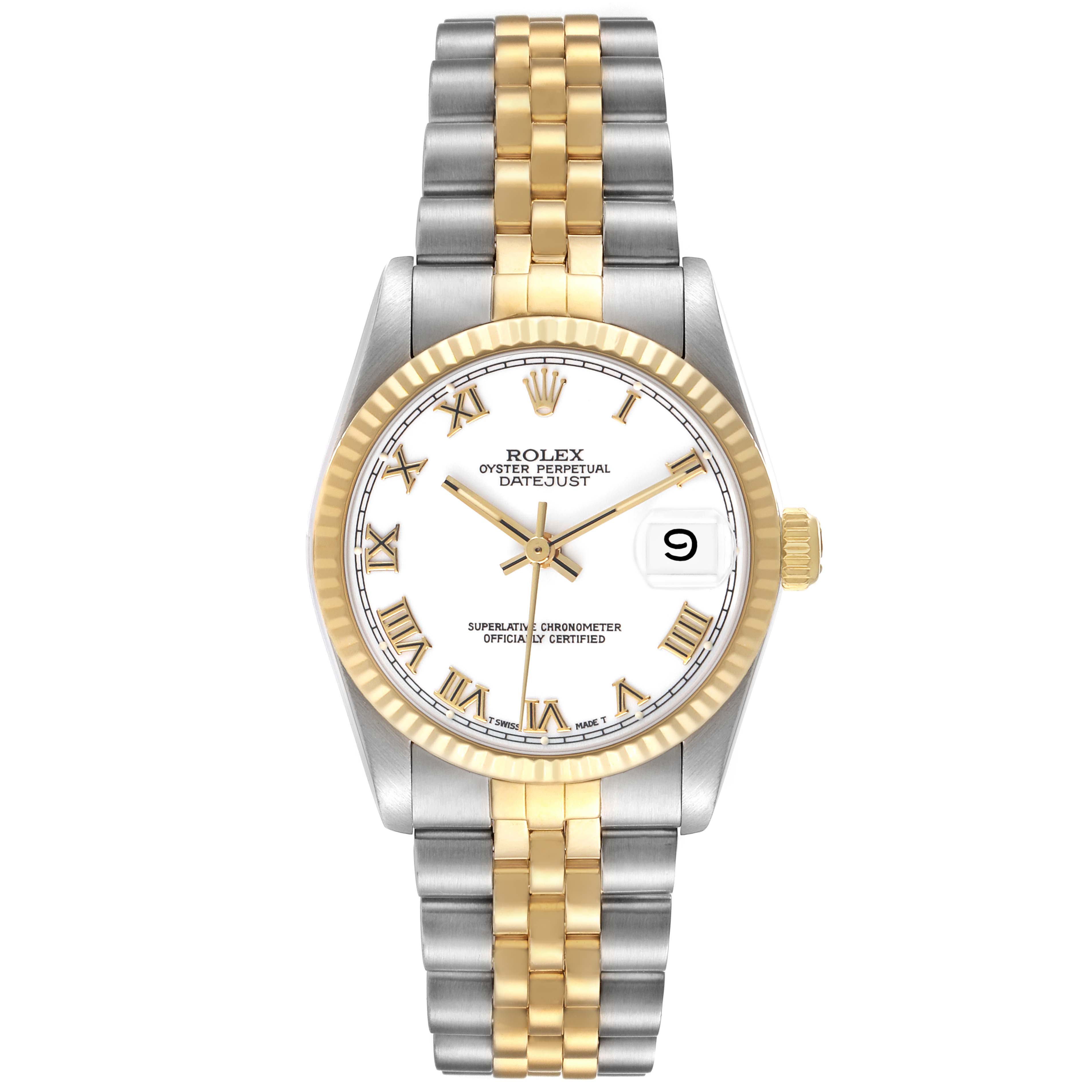 The Rolex Datejust 68273 Women's Steel and Gold (two tone) White Dial watch is shown from the front, highlighting the dial, bezel, and two-tone bracelet.