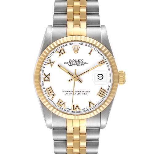 The Rolex Datejust 68273 Women's Steel and Gold (two tone) White Dial watch is shown from the front, highlighting the dial, bezel, and two-tone bracelet.