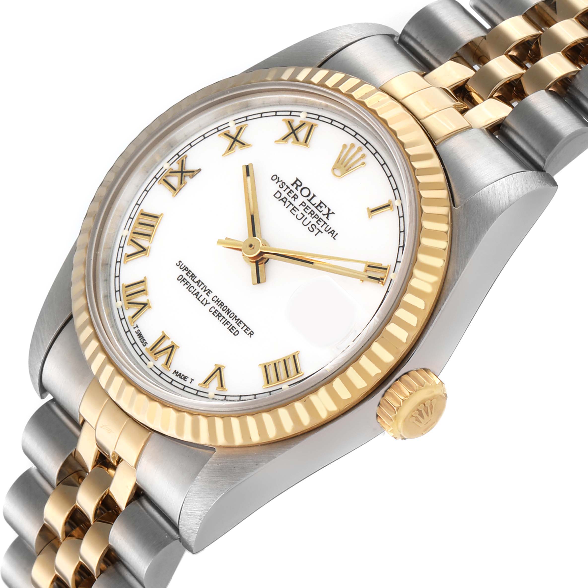 The image shows a Rolex Datejust 68273 Women's Steel and Gold (two tone) White Dial watch at an angle displaying the face, fluted bezel, crown, and part of the bracelet.