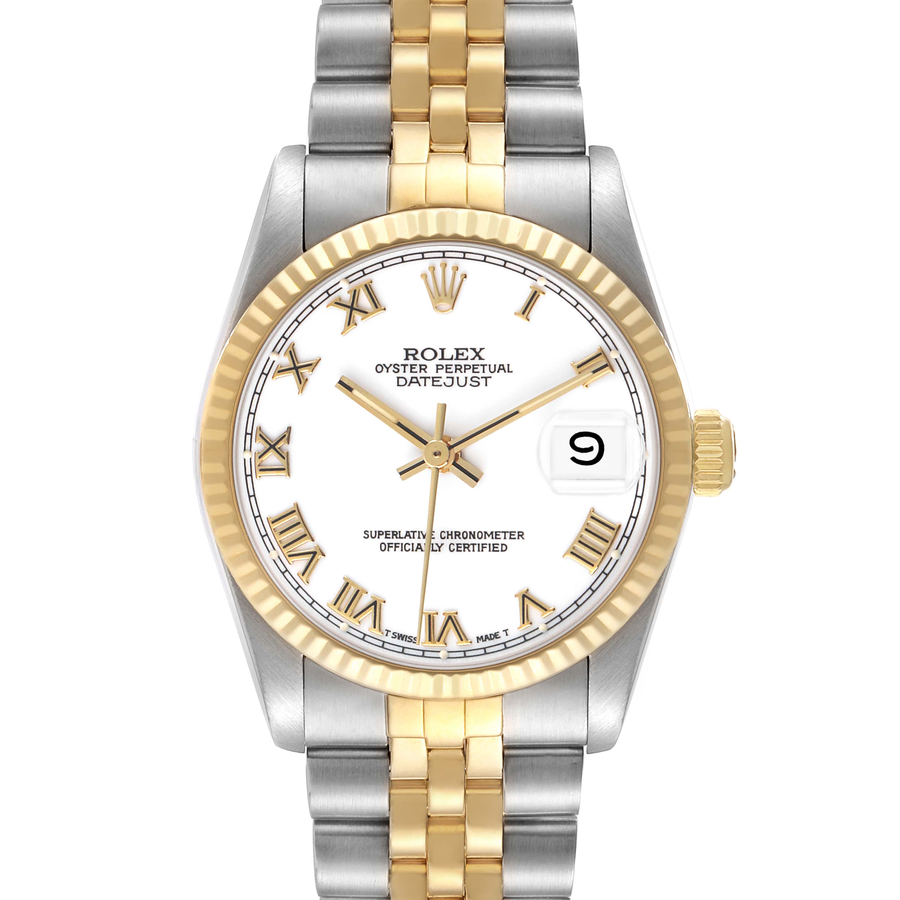 The Rolex Datejust 68273 Women's Steel and Gold (two tone) White Dial watch is shown from a front view, highlighting its dial, bezel, and two-tone bracelet.