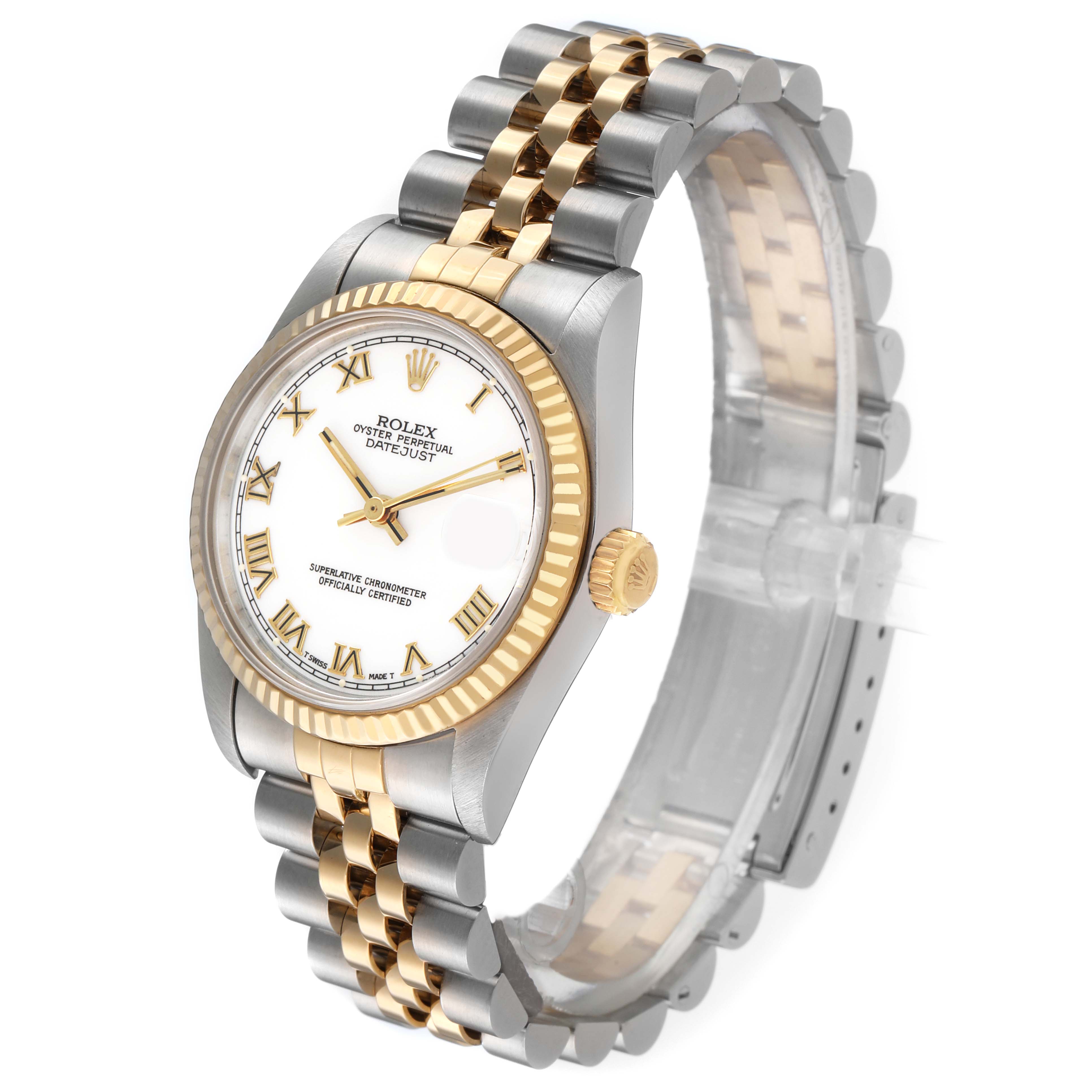 The Rolex Datejust 68273 Women's Steel and Gold (two tone) White Dial watch is shown at a slight angle highlighting its dial, bezel, crown, and Jubilee bracelet.