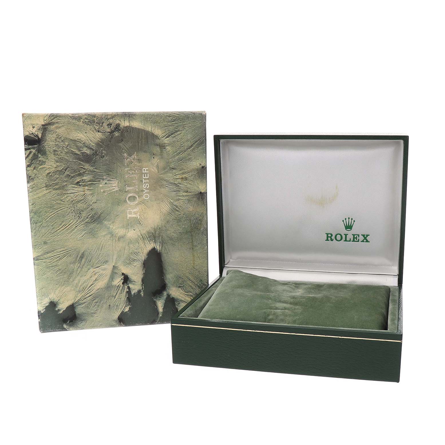 The image shows an empty Rolex Datejust 68273 Women's Steel and Gold (two tone) White Dial watch box with both the outer box and inner display case open.