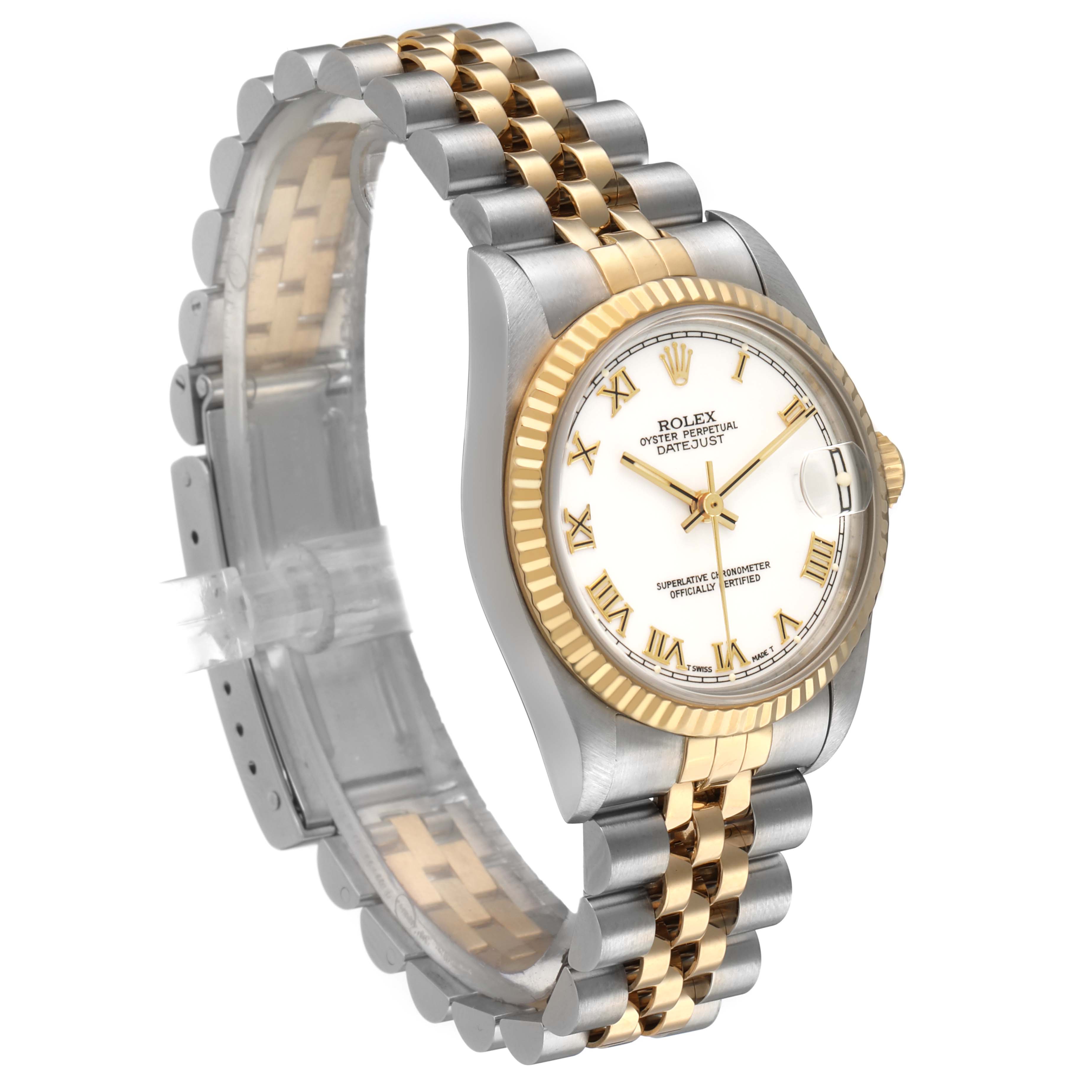 The Rolex Datejust 68273 Women's Steel and Gold (two tone) White Dial is shown at a 3/4 angle, highlighting the face, fluted bezel, and two-tone Jubilee bracelet.