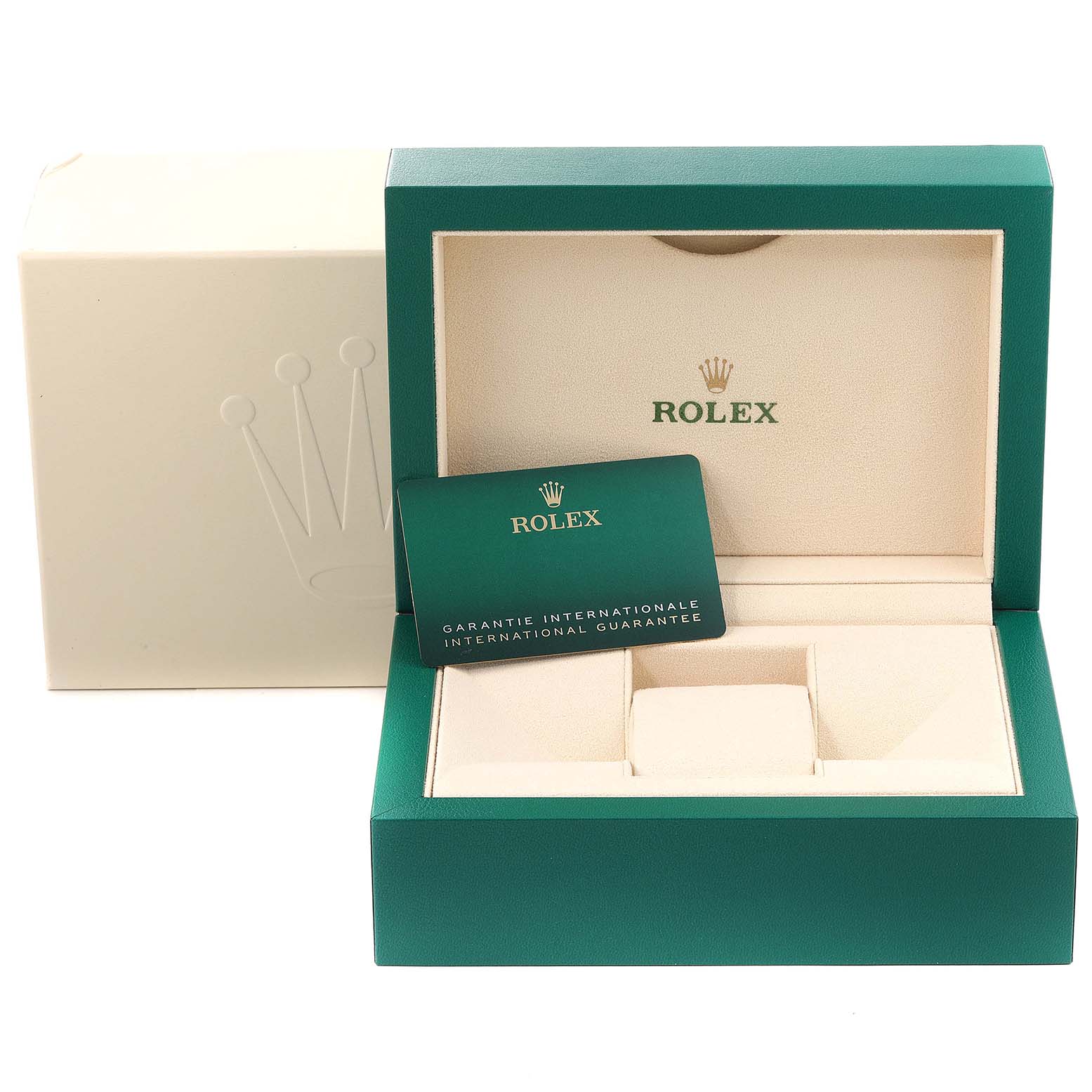 This image shows the Rolex Datejust 126231 Men's Steel and Gold (two tone) Silver Dial 126231 Men's Steel and Gold (two tone) Silver Dial watch's packaging with a green and cream box and an international guarantee card.