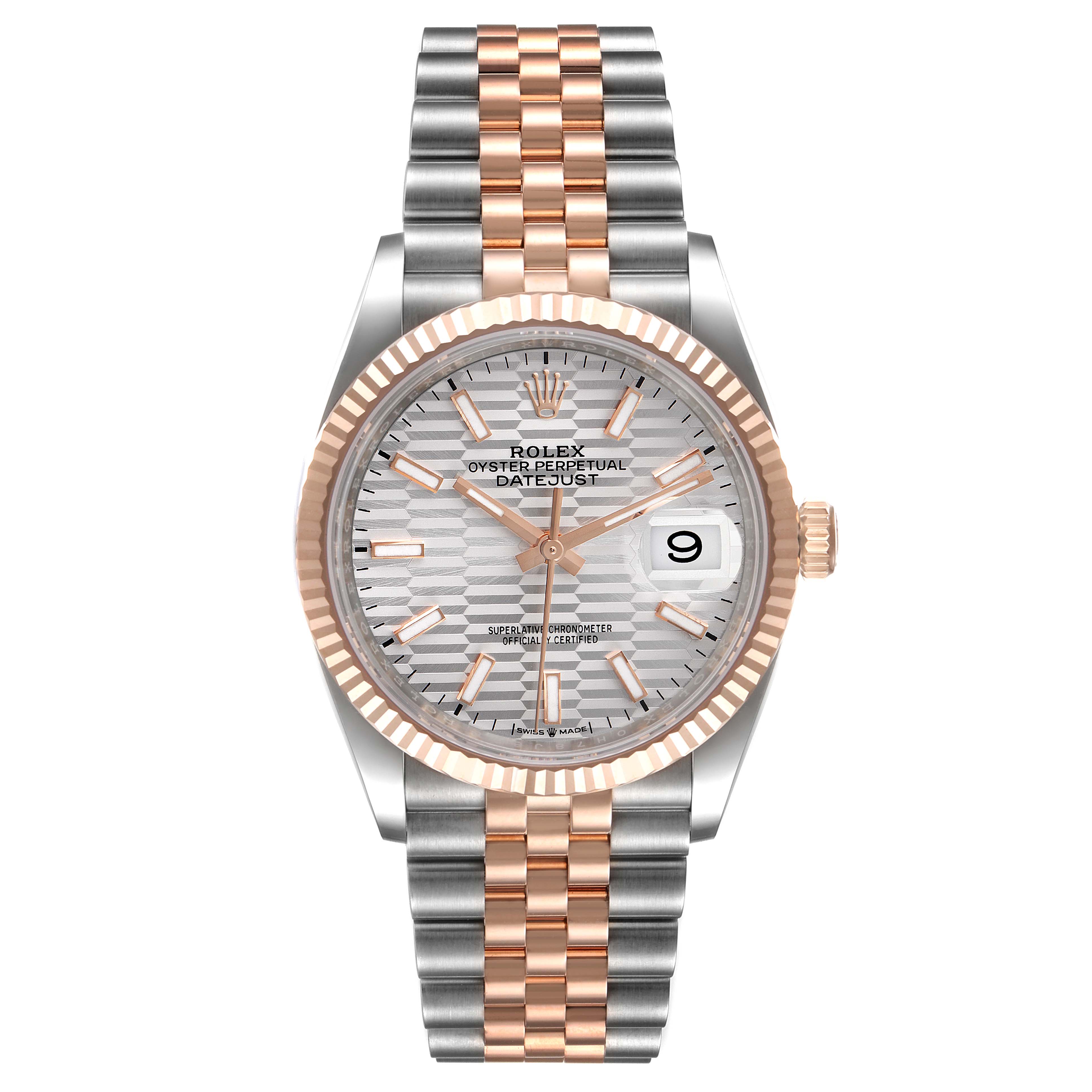 This image shows a front view of a Rolex Datejust 126231 Men's Steel and Gold (two tone) Silver Dial 126231 Men's Steel and Gold (two tone) Silver Dial watch, highlighting its face, dial, and two-tone bracelet.