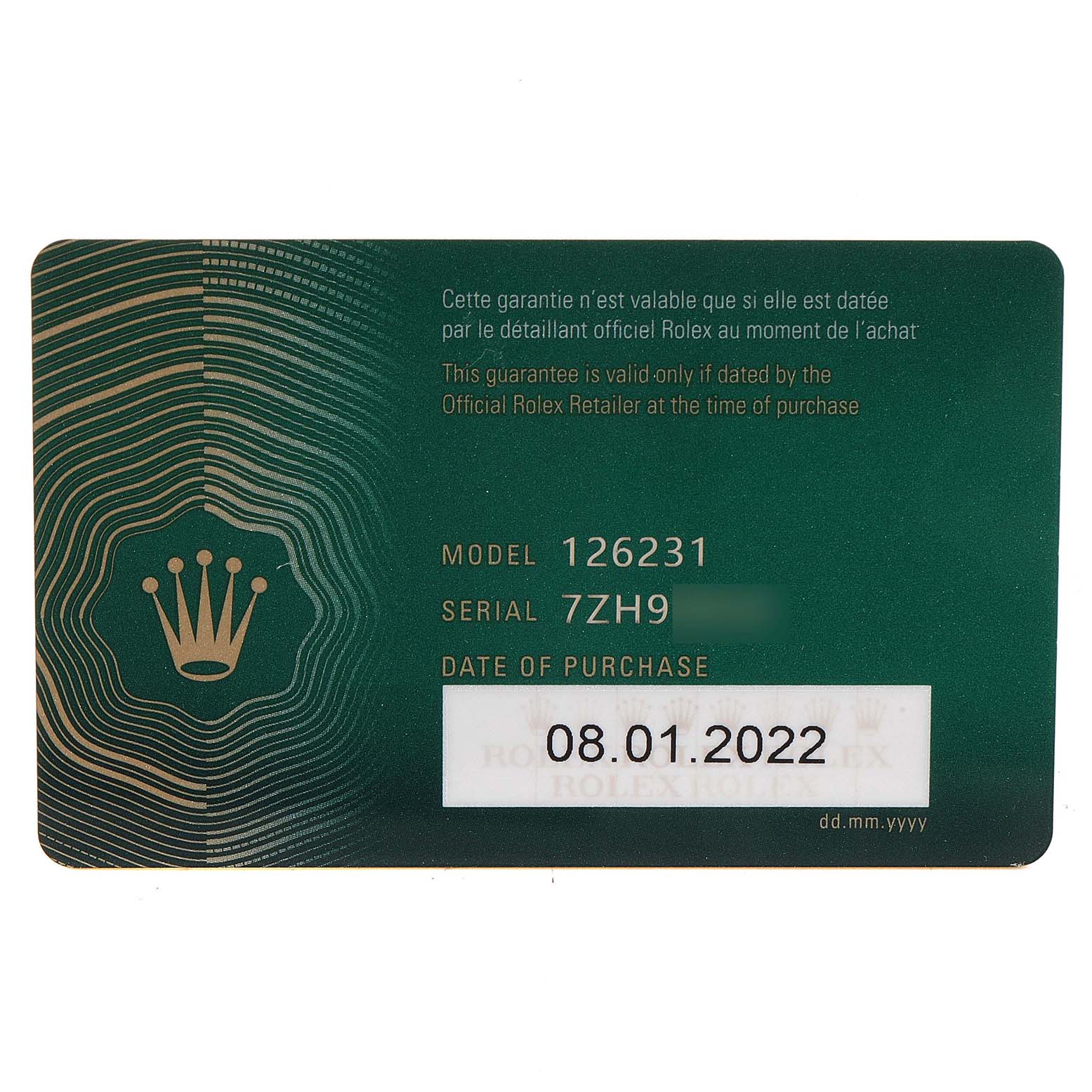 The image shows the guarantee card for a Rolex Datejust 126231 Men's Steel and Gold (two tone) Silver Dial 126231 Men's Steel and Gold (two tone) Silver Dial model 126231 with the purchase date 08.01.2022.