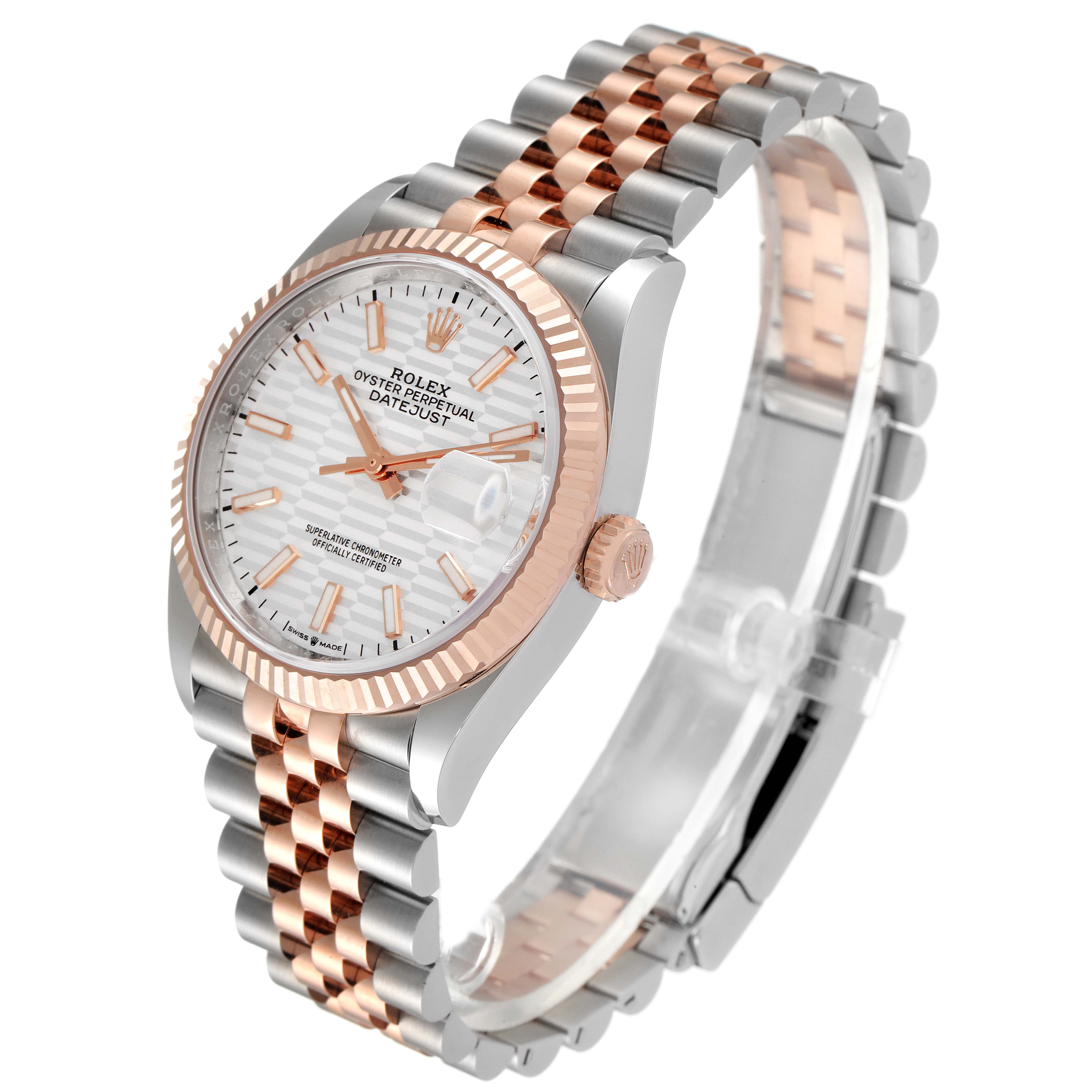 The Rolex Datejust 126231 Men's Steel and Gold (two tone) Silver Dial 126231 Men's Steel and Gold (two tone) Silver Dial watch is shown at an angle highlighting the face, crown, fluted bezel, and two-tone jubilee bracelet.