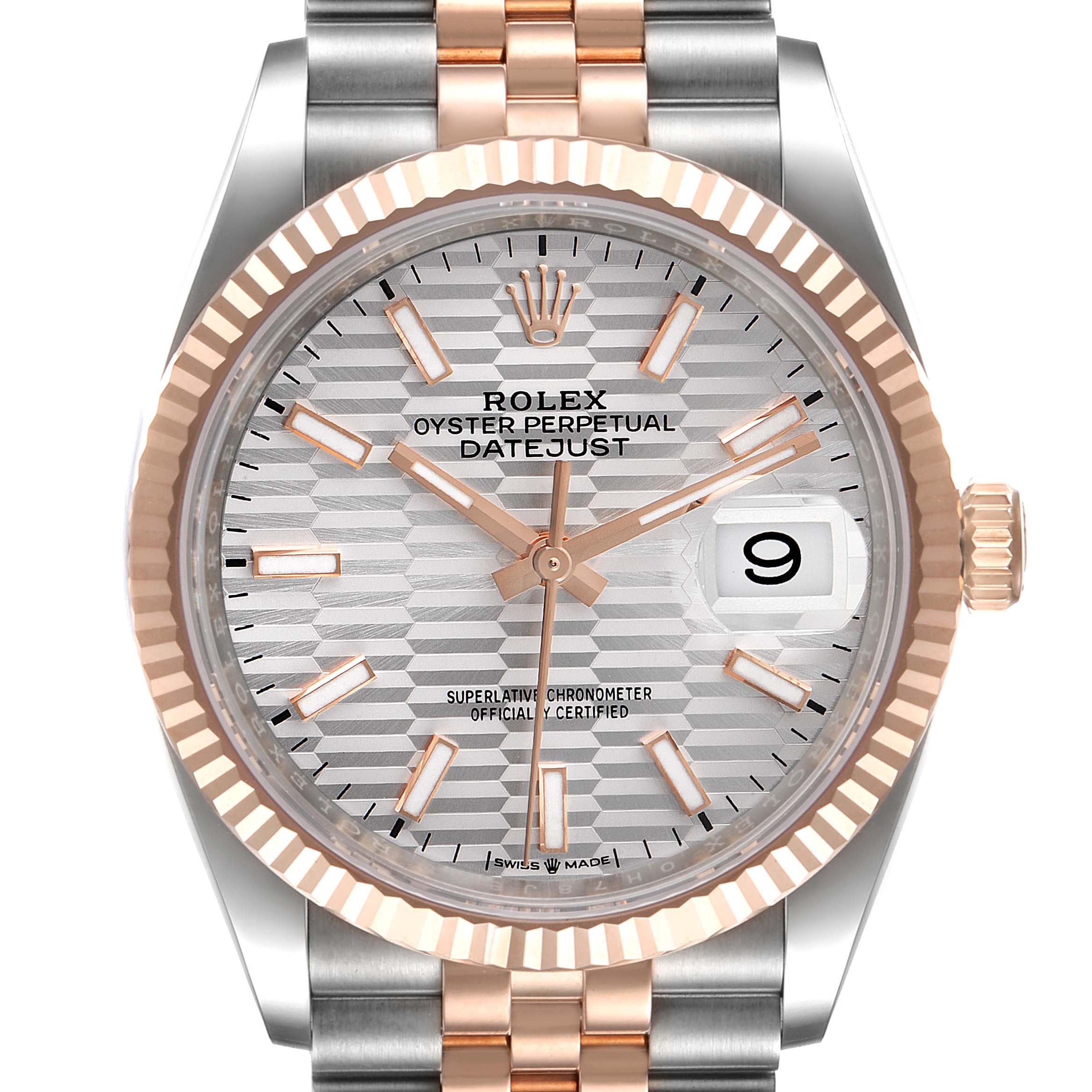 The image shows a frontal view of a Rolex Datejust 126231 Men's Steel and Gold (two tone) Silver Dial 126231 Men's Steel and Gold (two tone) Silver Dial watch, highlighting the dial, bezel, and bracelet.