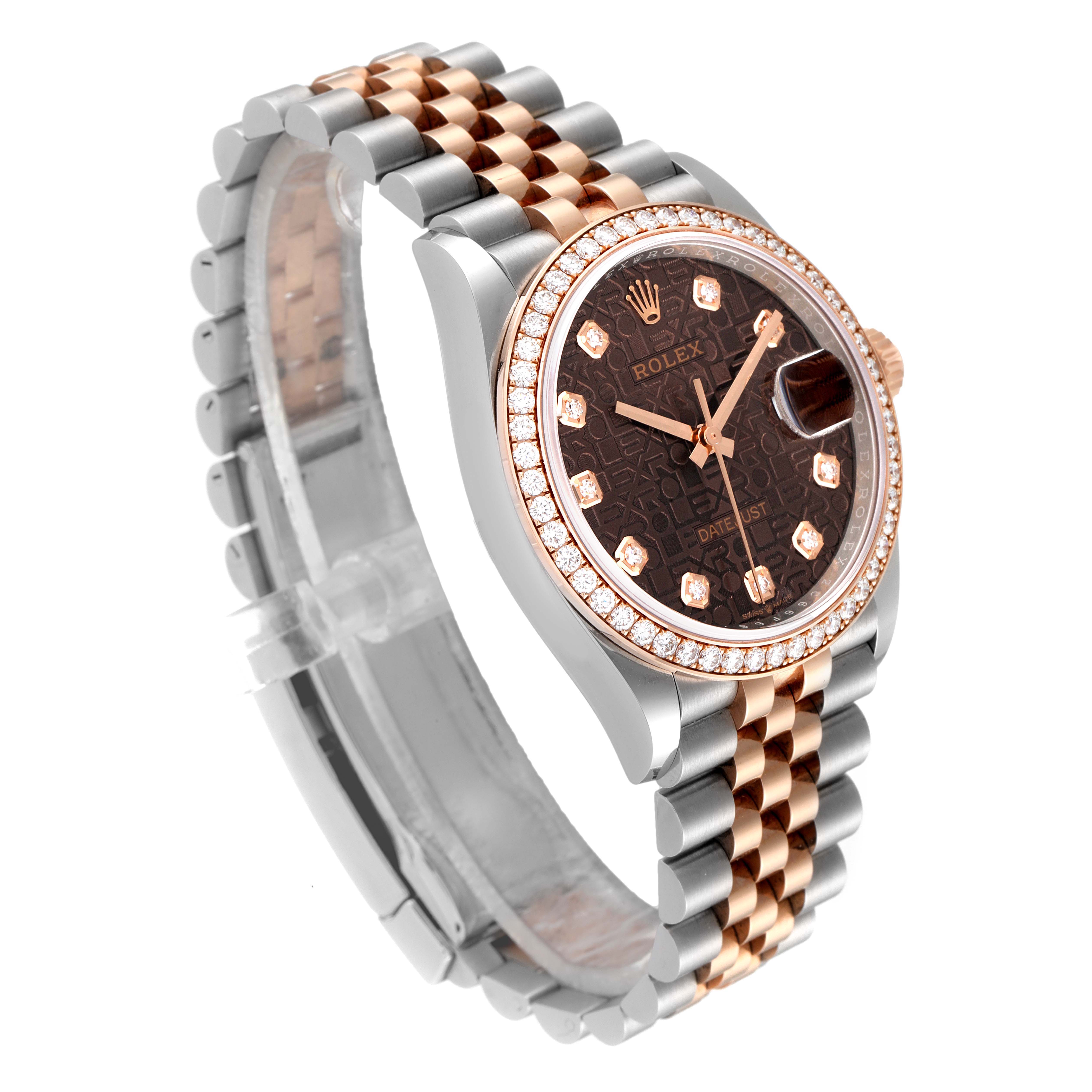 This image shows a Rolex Datejust 126281 Men's Steel and Gold (two tone) Brown Dial 126281 Men's Steel and Gold (two tone) Brown Dial watch at an angled view, displaying its dial, bezel, bracelet, and a partial side profile.