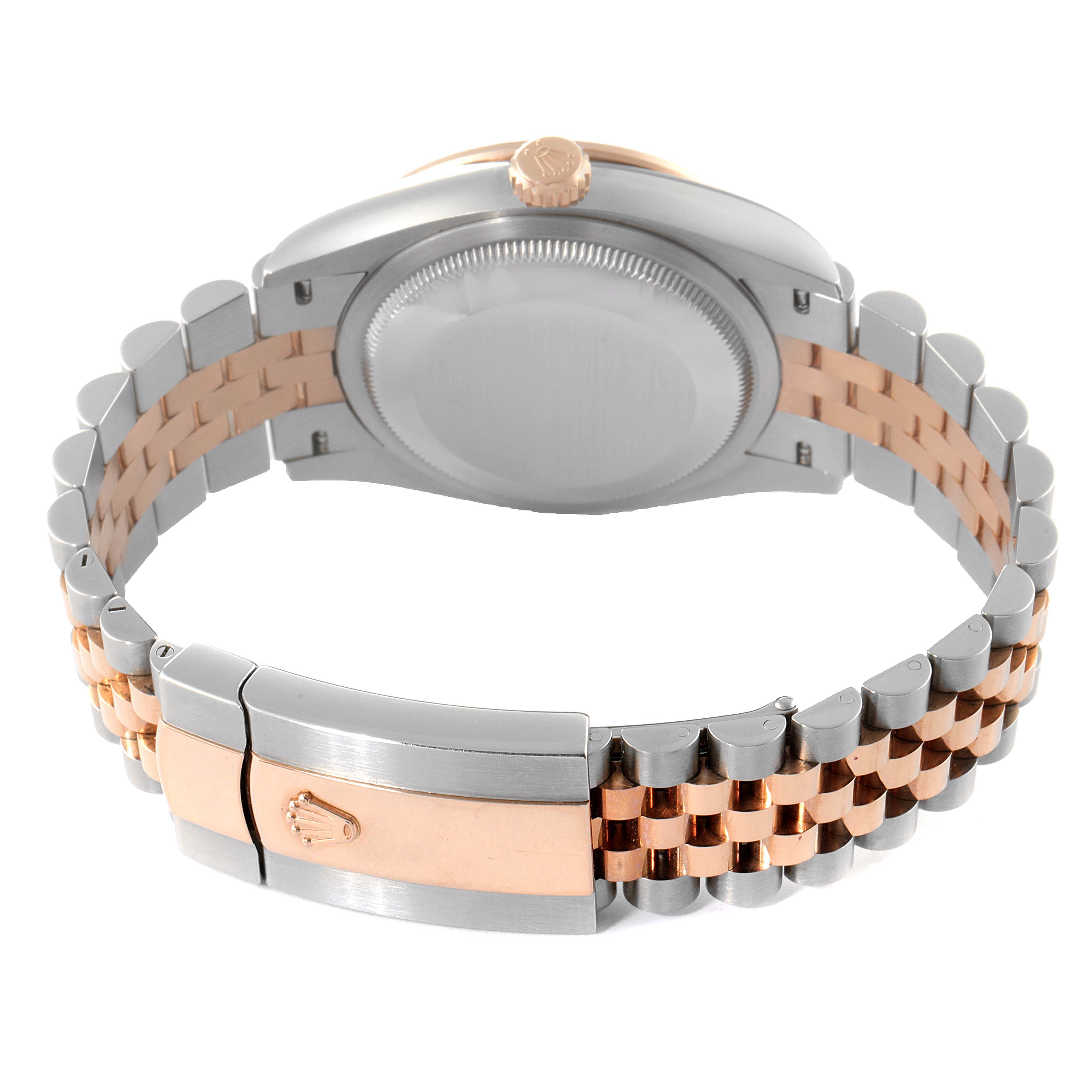 The image shows the back and bracelet of a Rolex Datejust 126281 Men's Steel and Gold (two tone) Brown Dial 126281 Men's Steel and Gold (two tone) Brown Dial watch, highlighting its two-tone metal design.